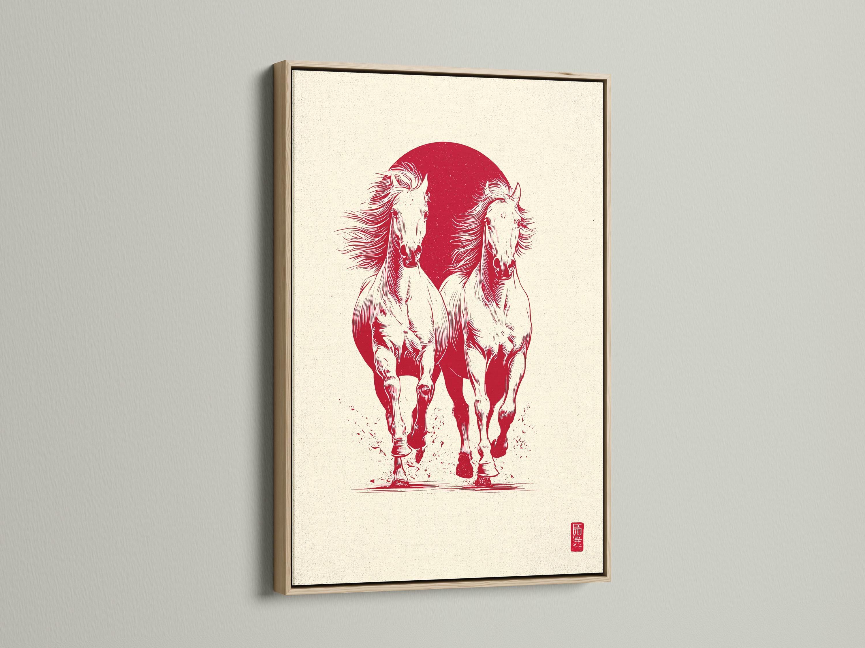 Wall mockup showing a framed artwork with two rearing horses in white against a red circle