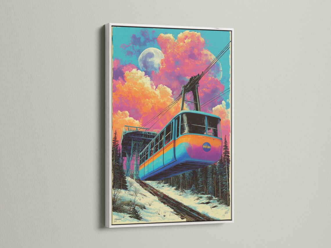 Retro stylised train on snowy tracks under a large moon and colourful night clouds detail view
