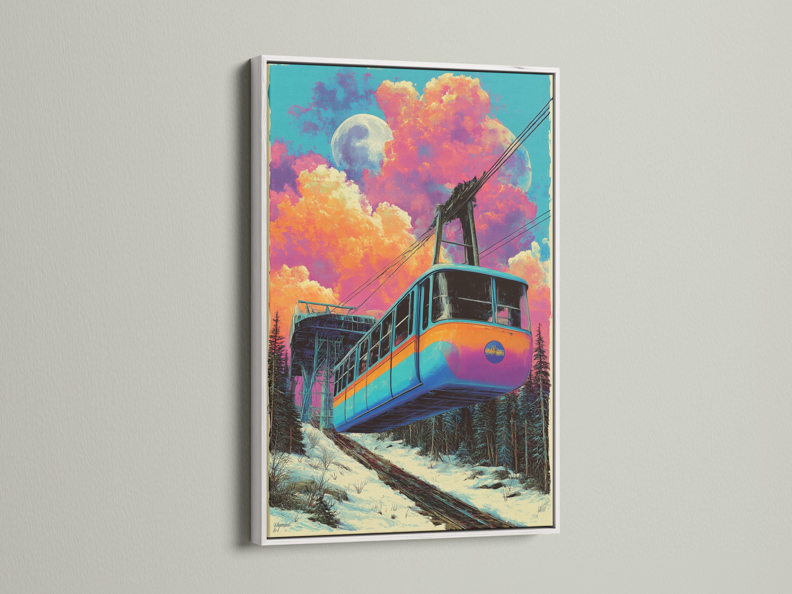 Retro stylised train on snowy tracks under a large moon and colourful night clouds detail view