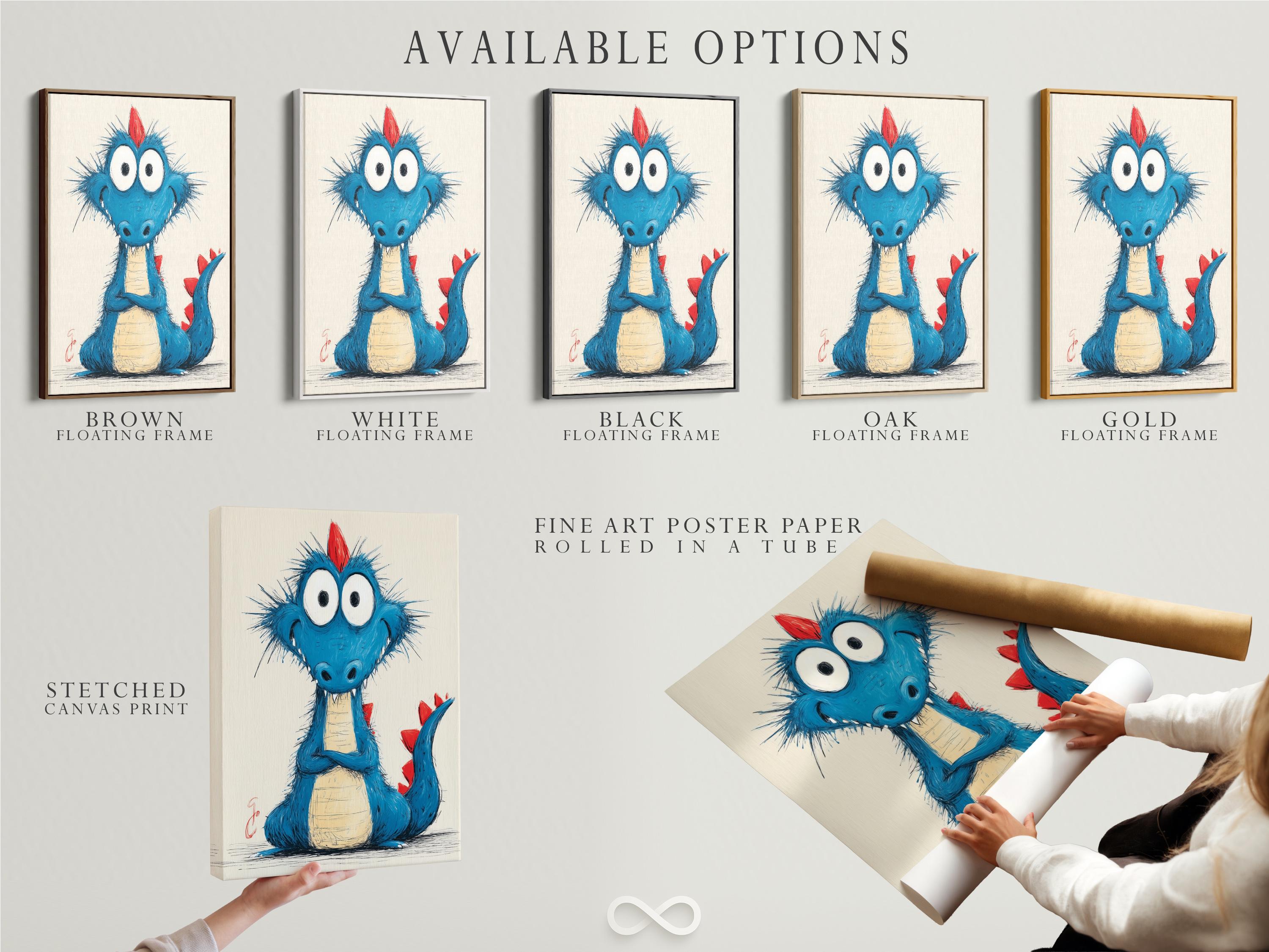 Room mockup showing a framed cartoon blue dragon artwork