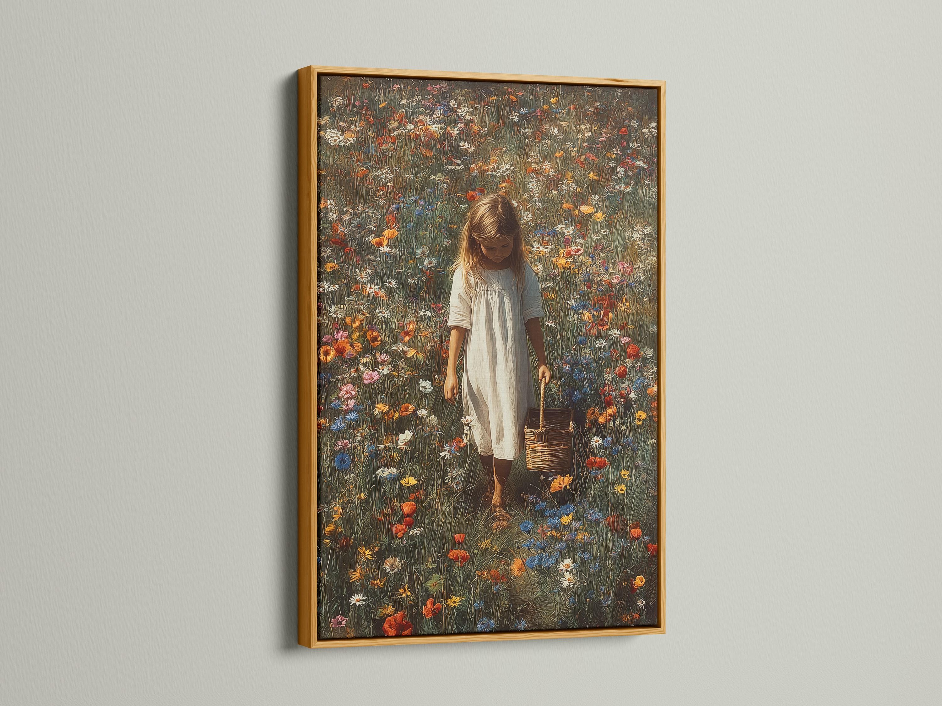 Painterly wildflower meadow scene with a young girl holding a basket and wearing a light dress detail view