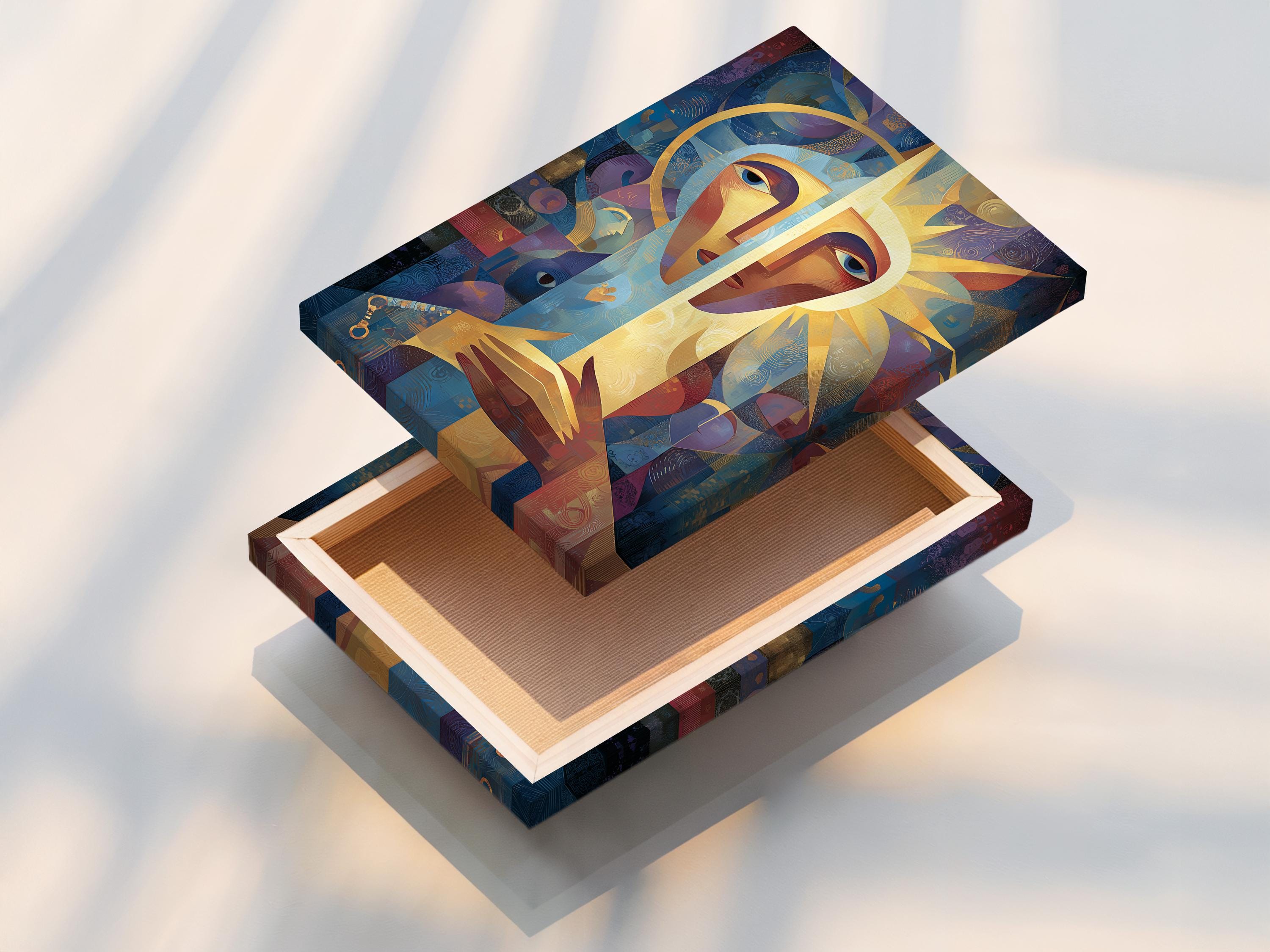 An abstract, geometric portrait of a woman-like face dominates the centre, with blue, gold and coral shapes layered across a textured background