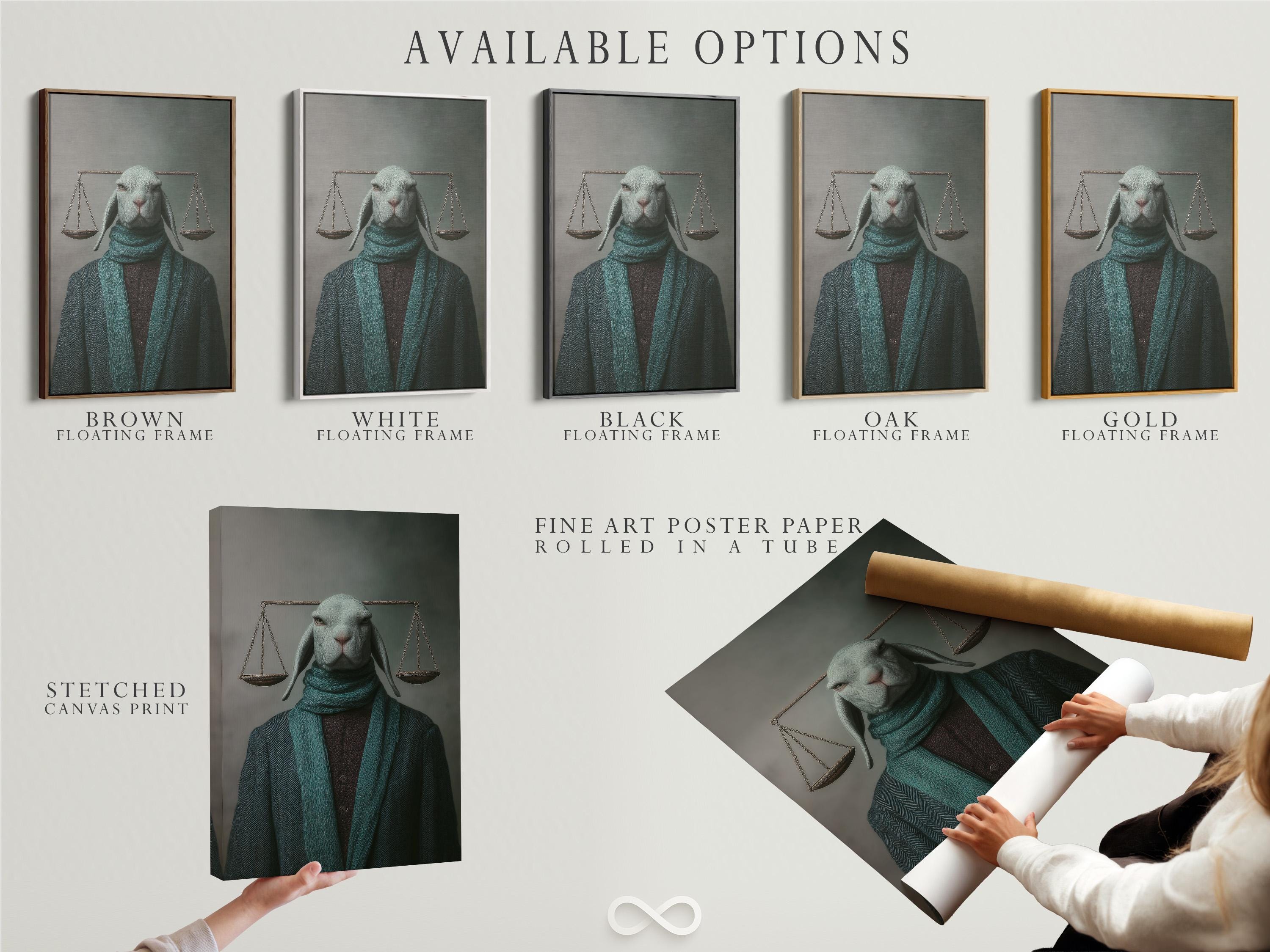 Room mockup showing a framed hare portrait artwork with hanging scales