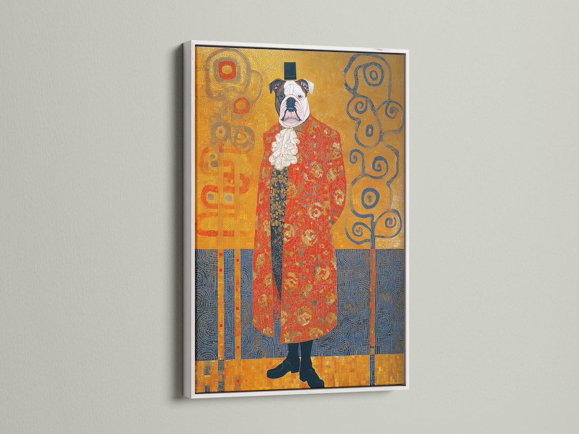Stylised bulldog portrait with warm gold mosaic background, red coat and deep navy ornamental swirls detail view