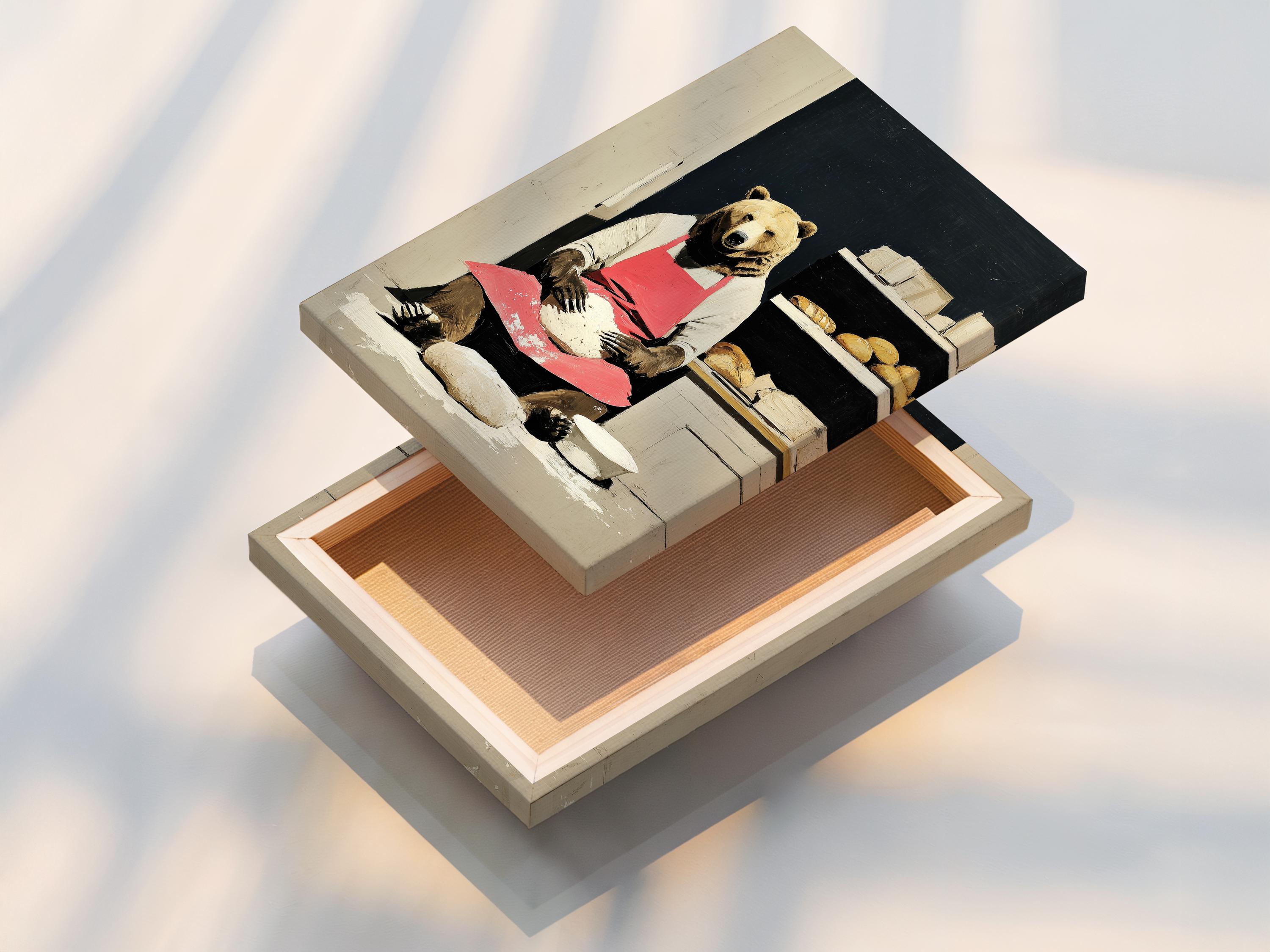 Bear chef wall artwork shown in a room mockup with multiple frame colour options