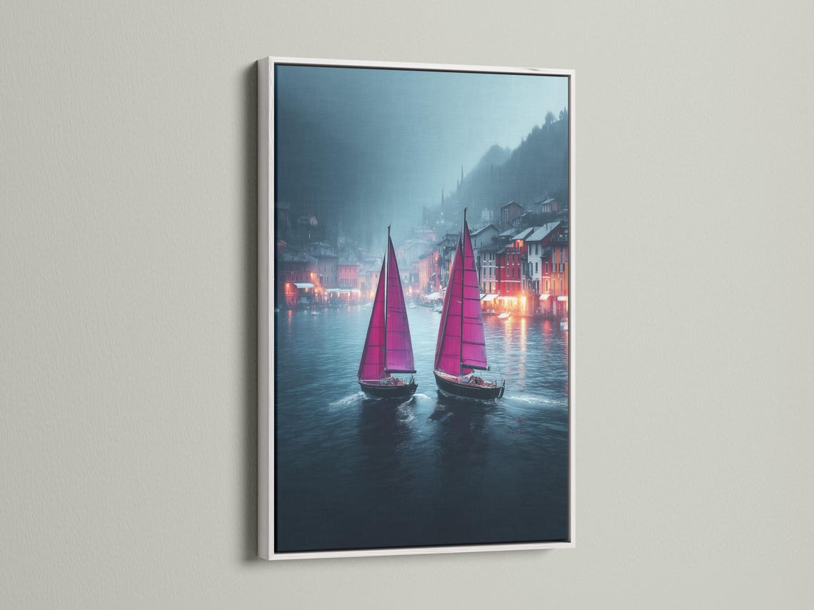 Two sailboats with tall pink sails on a misty blue-grey river, reflected in the water detail view