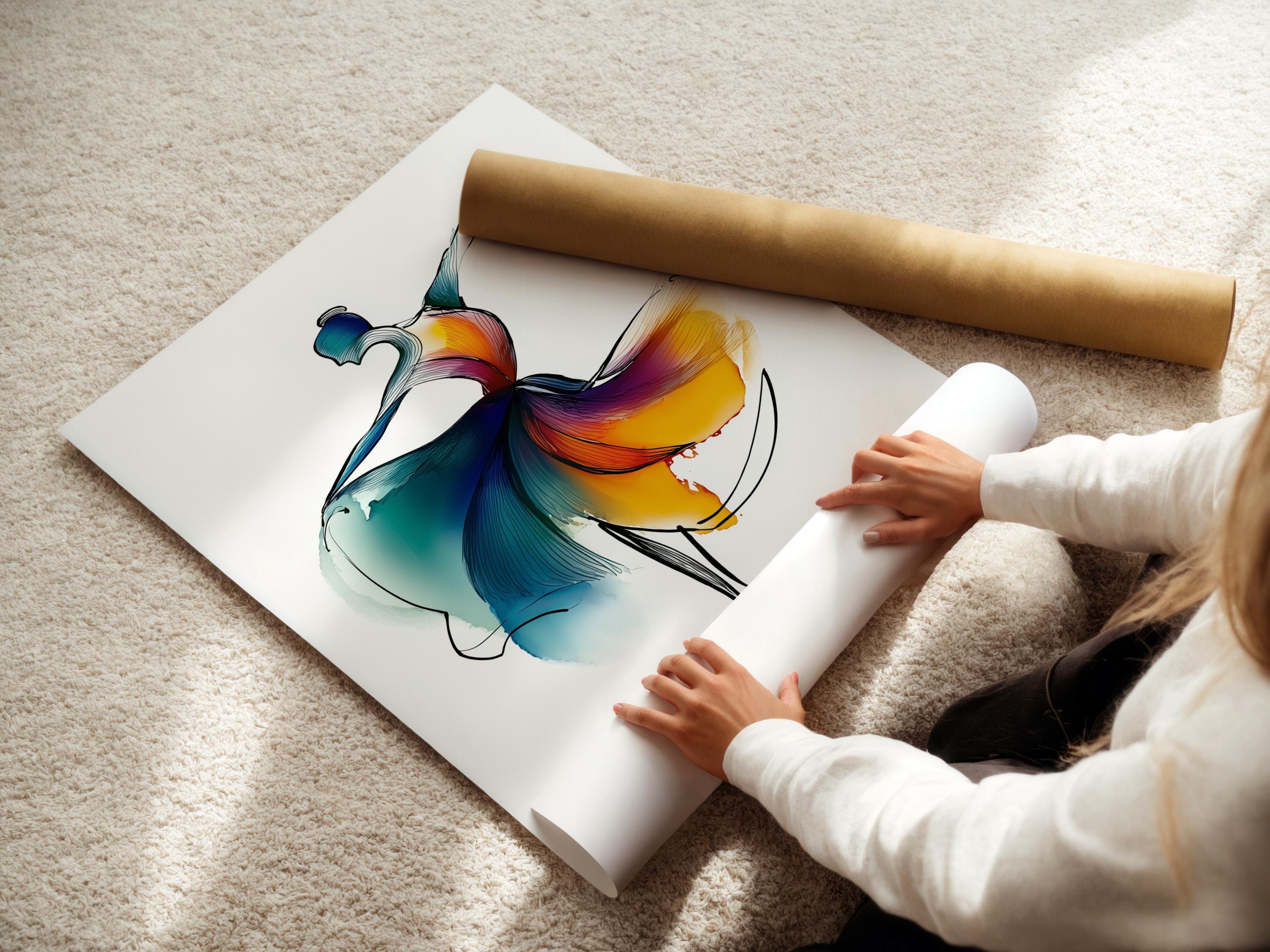 Stylised ballet dancer leaping with teal, blue, purple and orange-yellow colour washes on a white background detail view