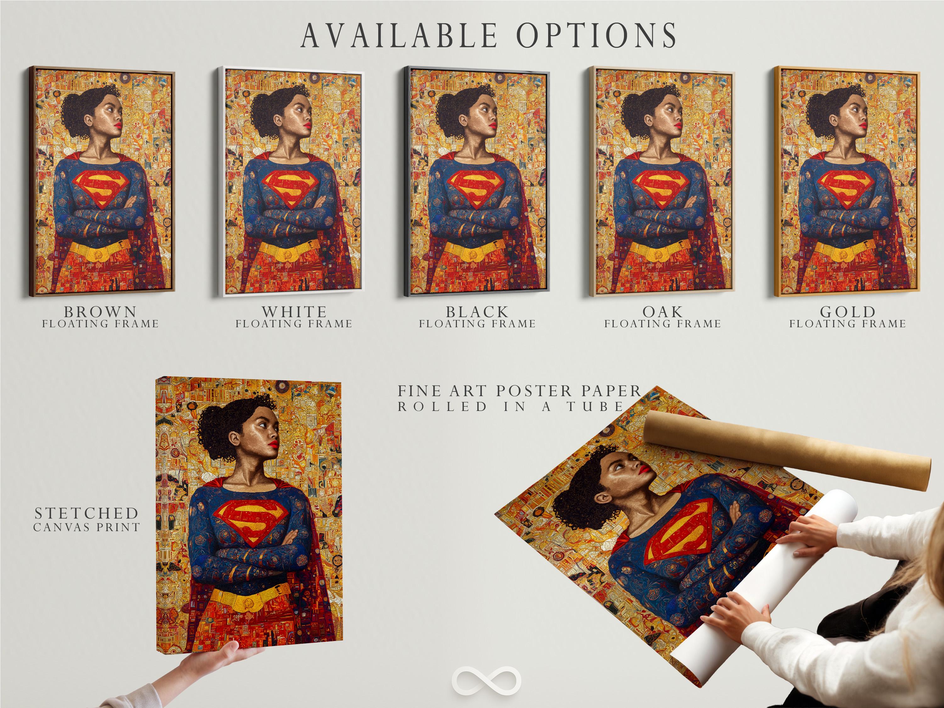 Room mockup showing a framed artwork of a superhero woman portrait on a wall