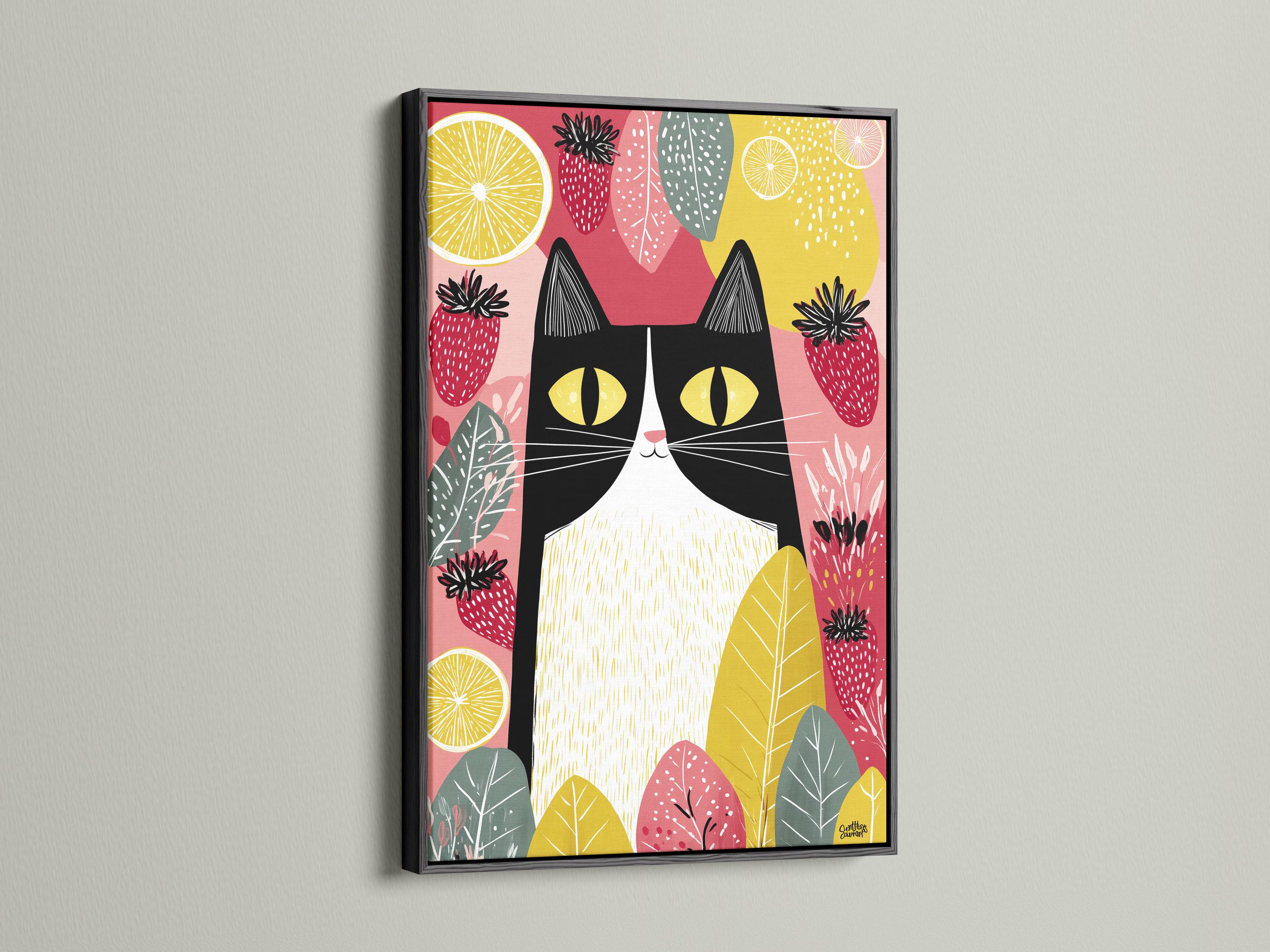 Illustrated black cat with yellow eyes surrounded by strawberries, citrus slices and leaves detail view