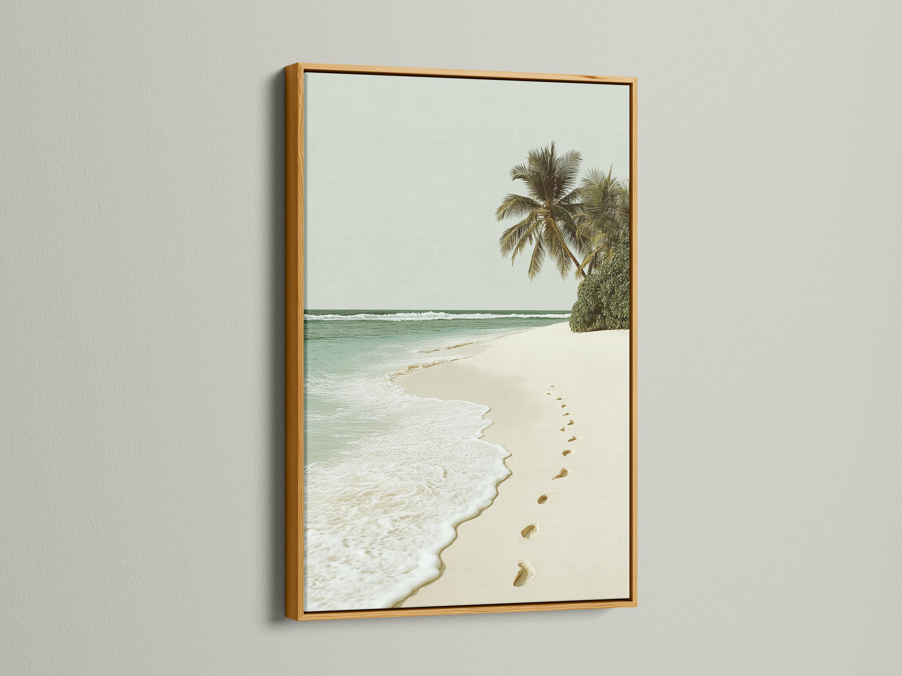 Palm beach seascape with turquoise ocean, sandy shore and footprints leading along the beach detail view