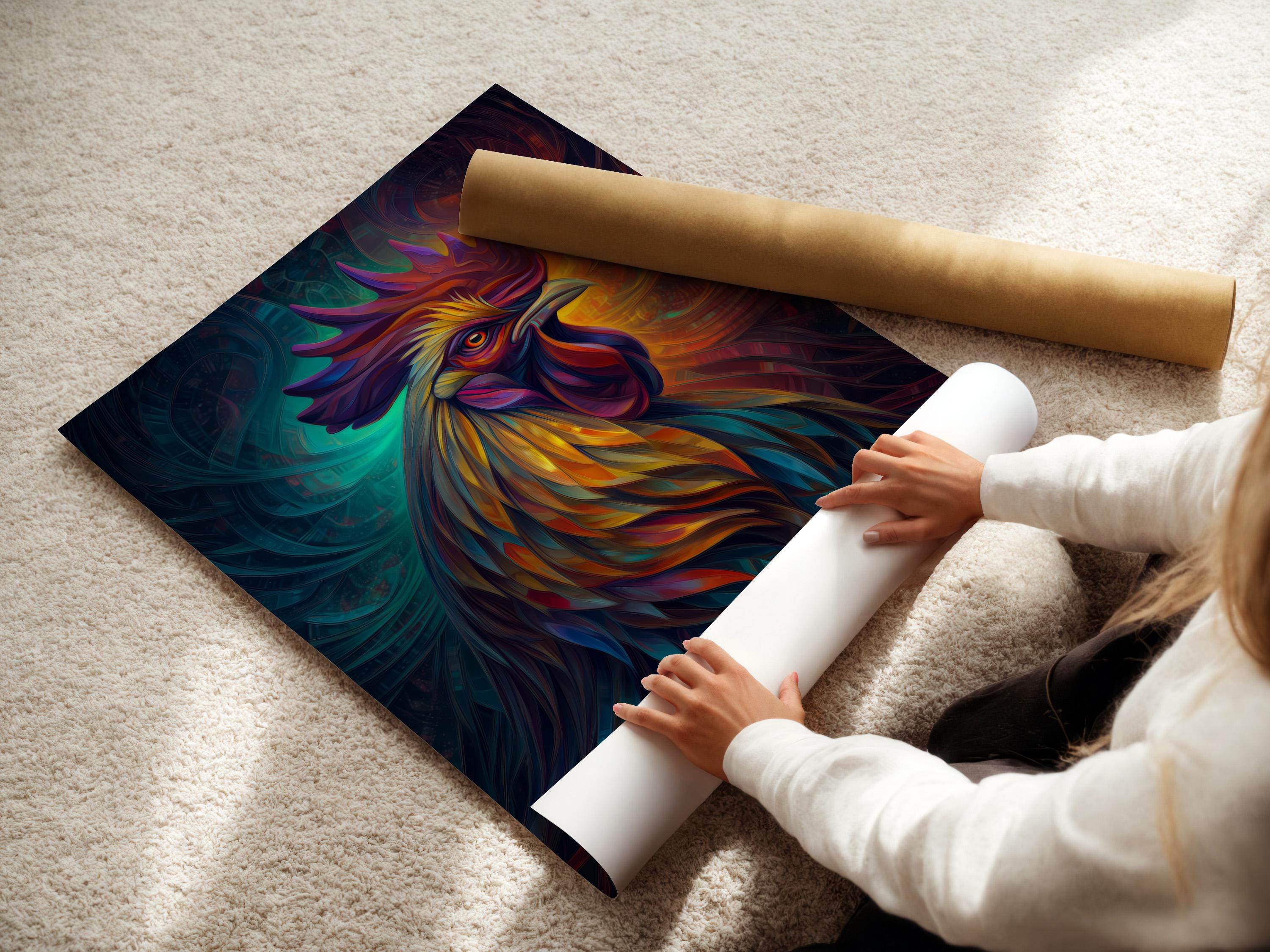 Room mockup showing framed rooster artwork in vivid teal, orange, purple and yellow