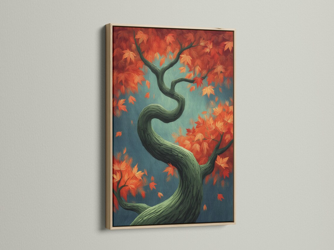 Autumn tree illustration with teal background, orange and red leaves, and a dark green twisting trunk detail view