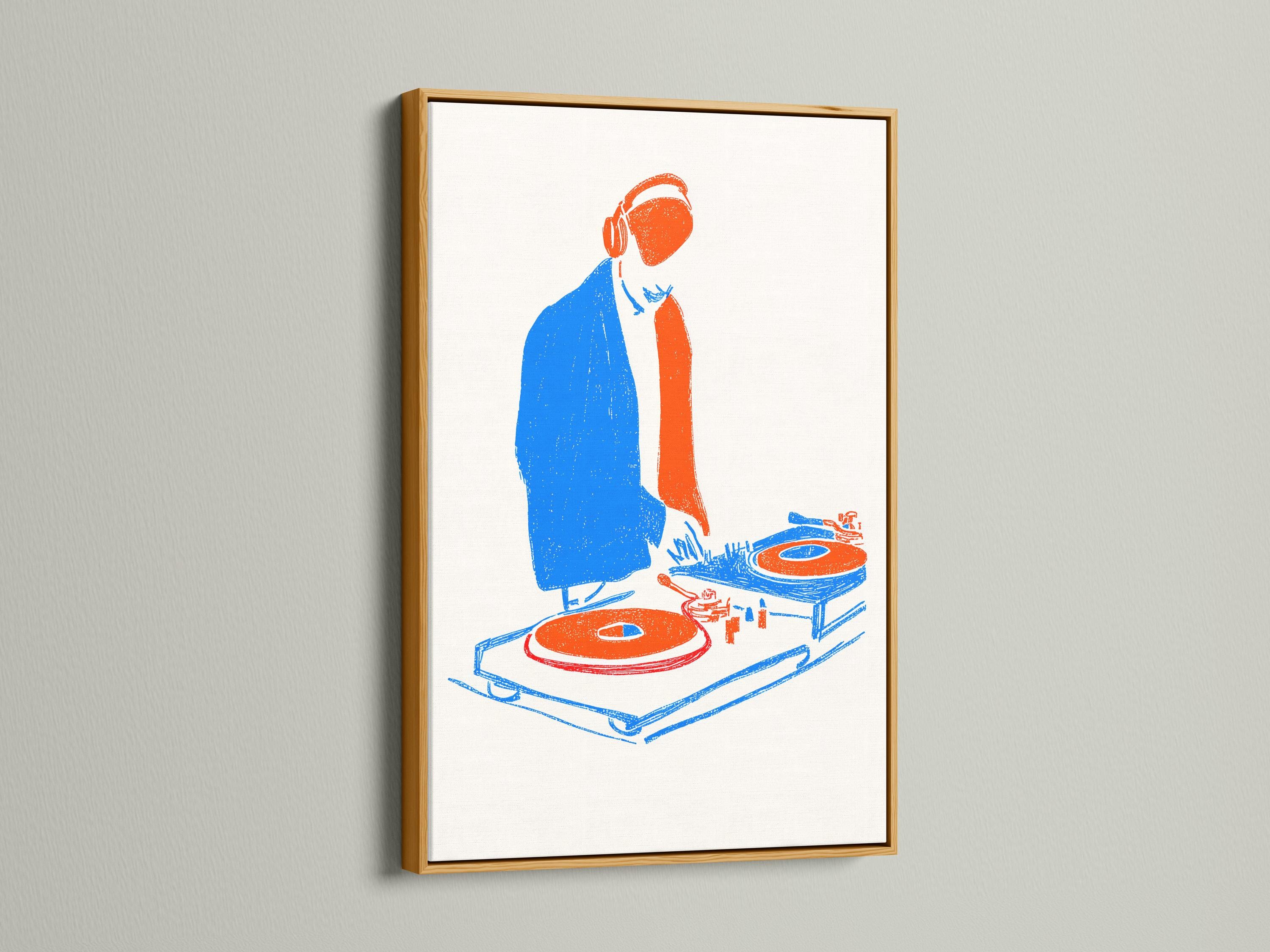 Room mockup showing a framed DJ turntable illustration in blue and orange tones