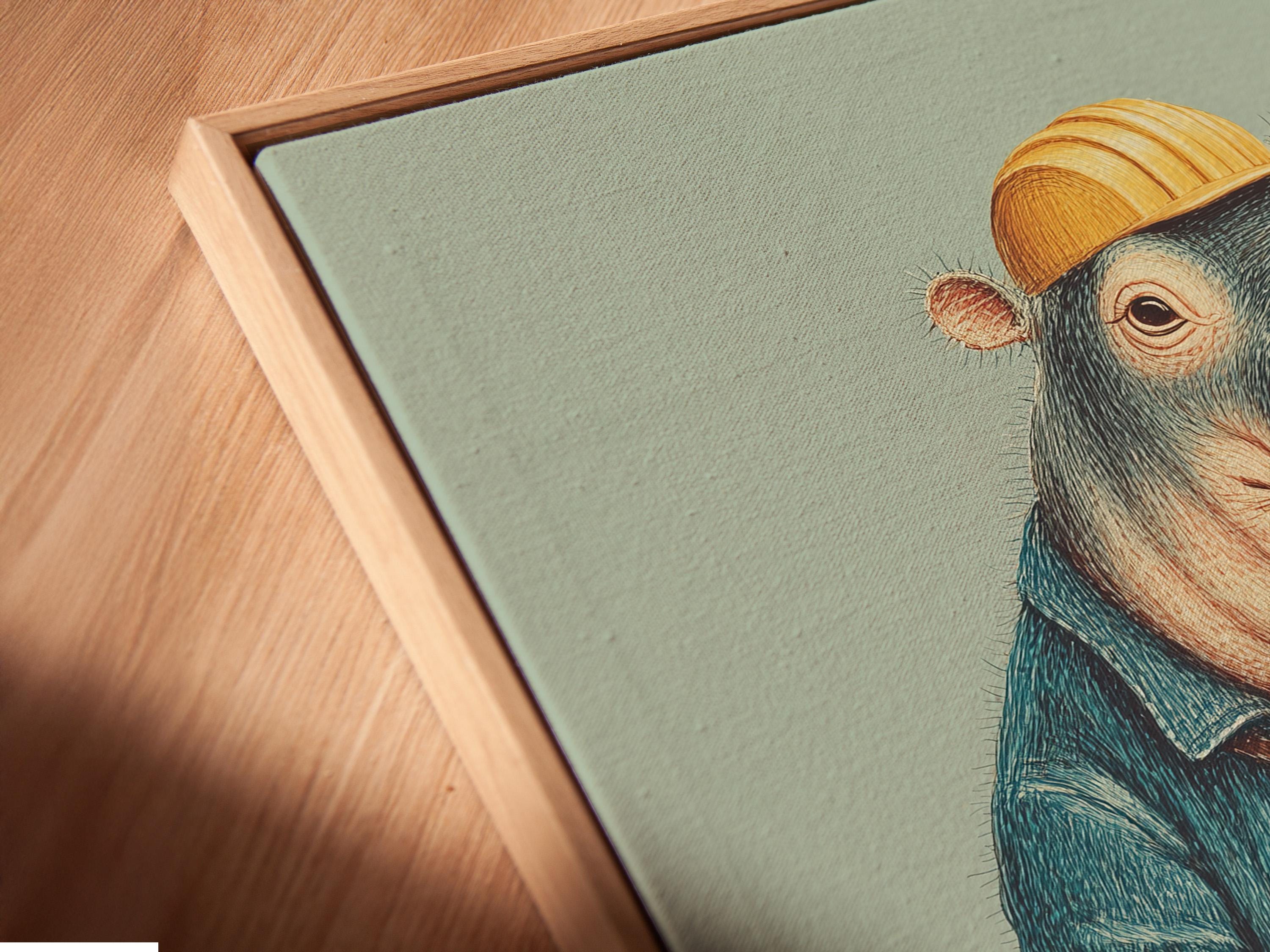 A family sitting on a bed looking at a framed hippo builder artwork above a shelf