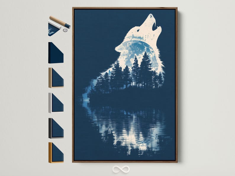 Wolf silhouette howling at a glowing moon above dark forest trees with a reflection on water