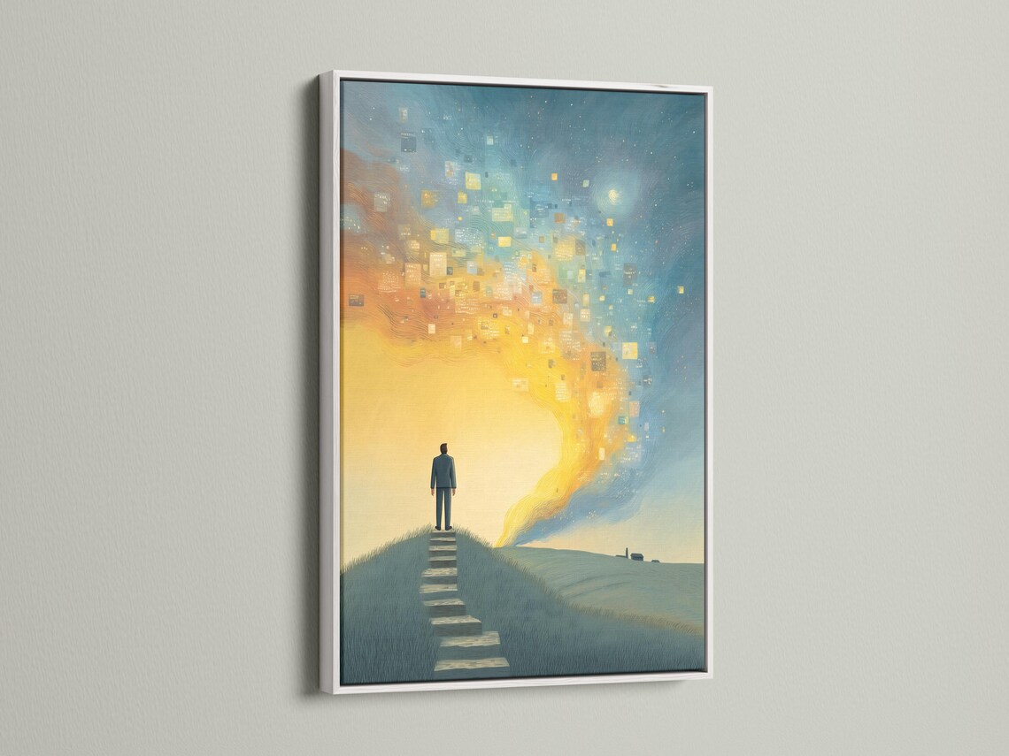 Wall mockup showing framed blue and gold surreal steps artwork