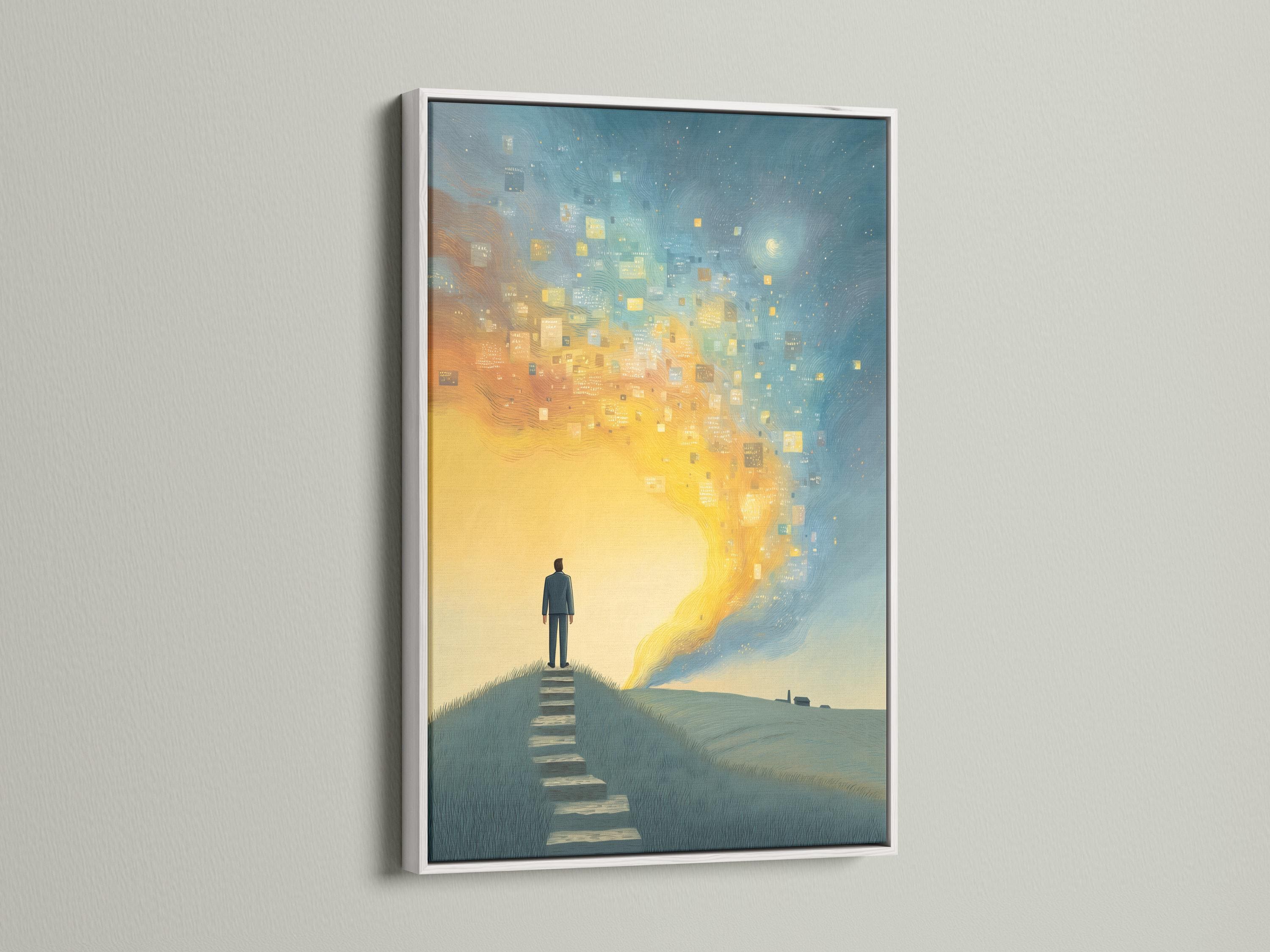 Wall mockup showing framed blue and gold surreal steps artwork
