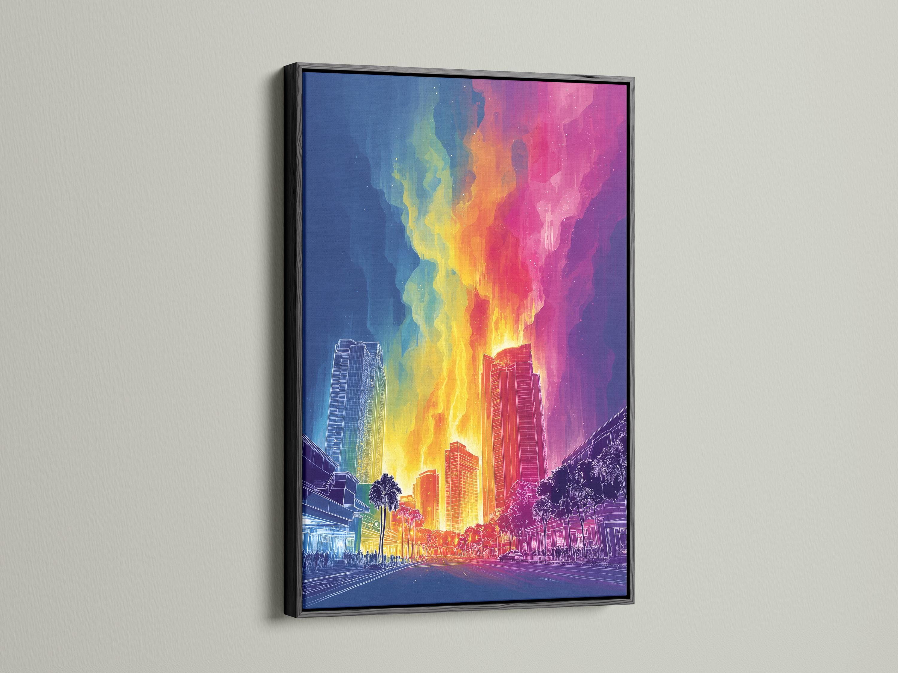 Neon rainbow cityscape skyline with glowing skyscrapers, street perspective and palm trees detail view