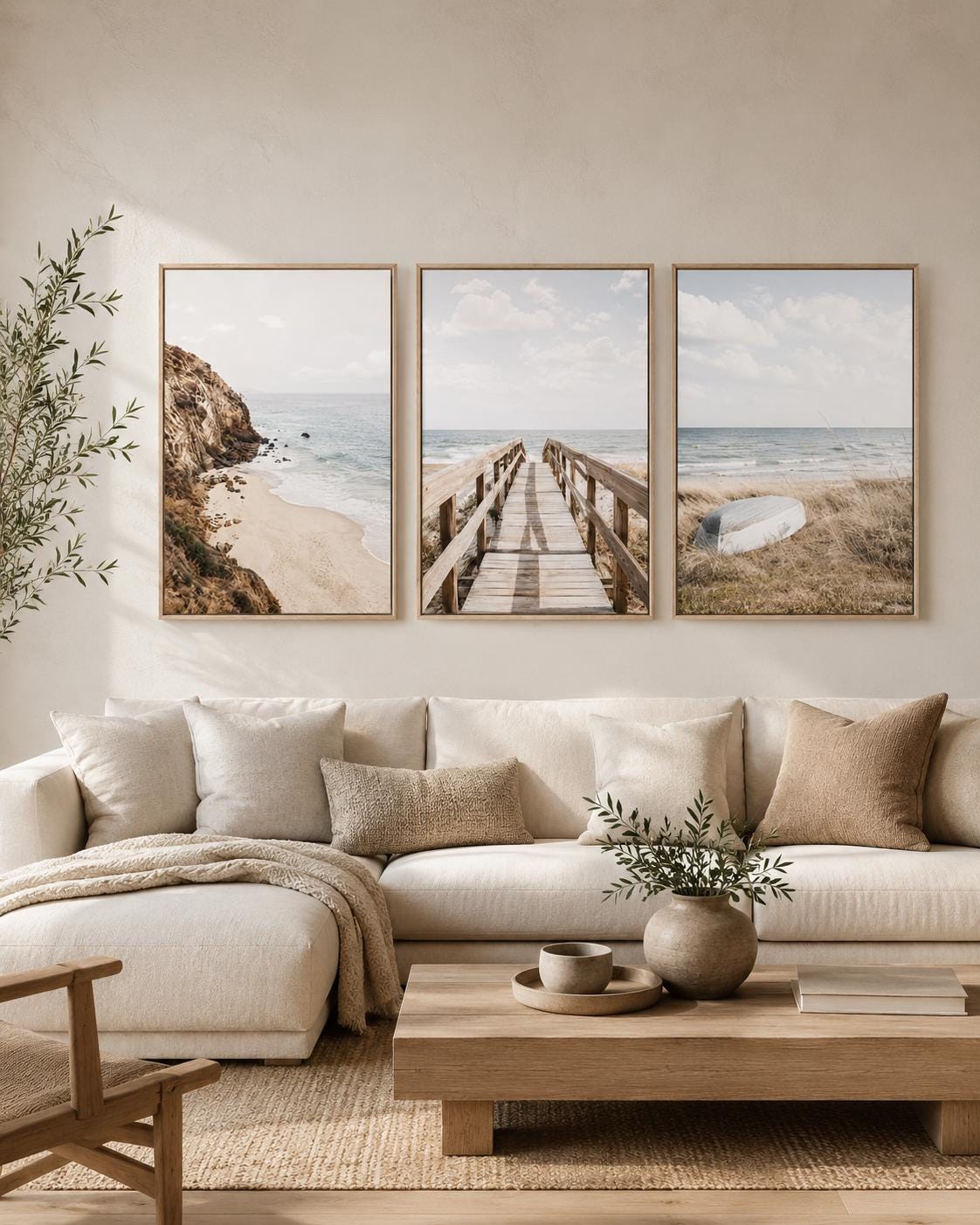 Three-panel neutral beach artwork showing rocky shore, boardwalk, and dunes with grasses detail view