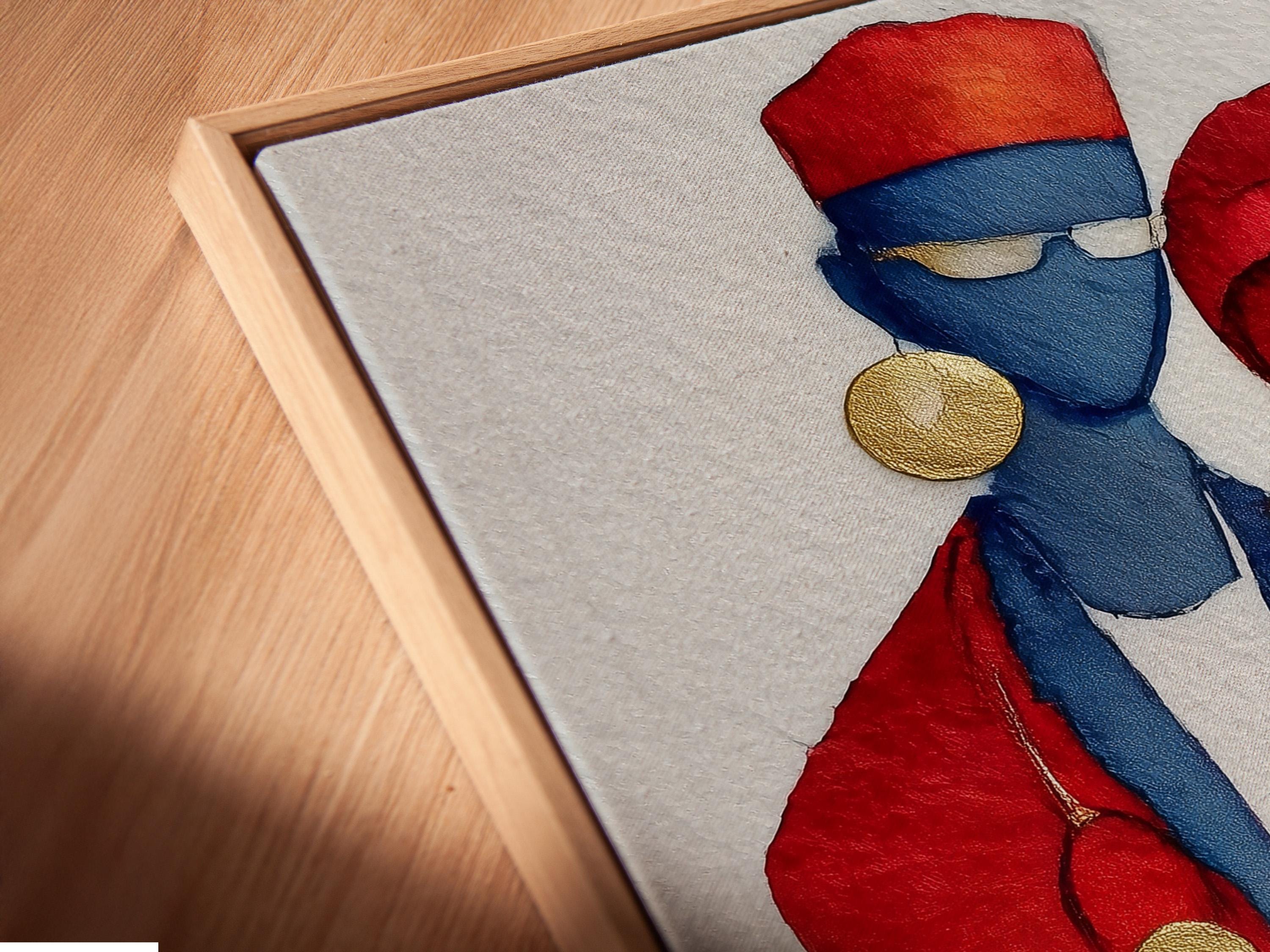 Red and blue doctor figures with gold accents in a watercolor style illustration on a light background detail view