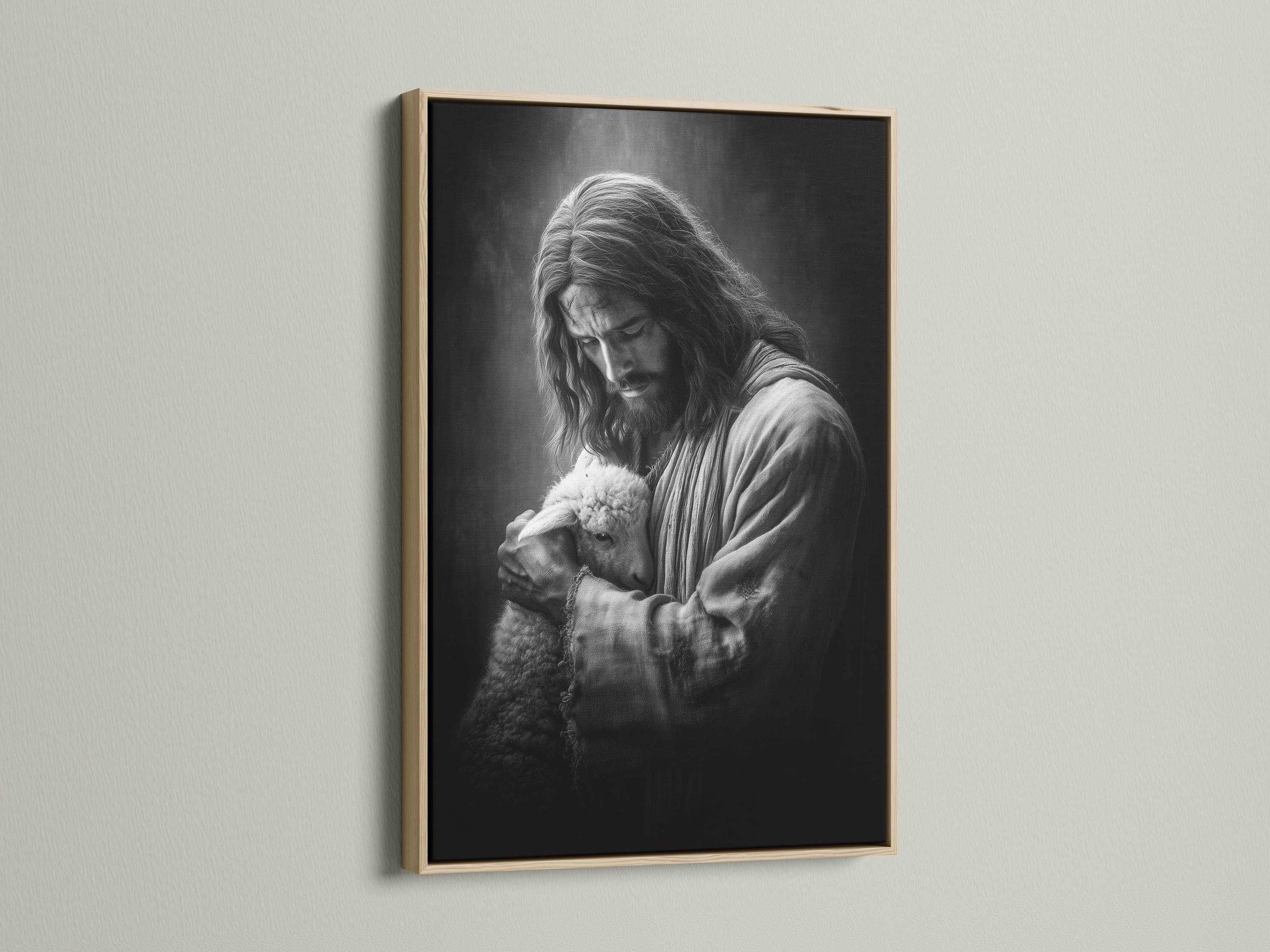 Framed black and white artwork of a shepherd holding a lamb shown on a wall mockup