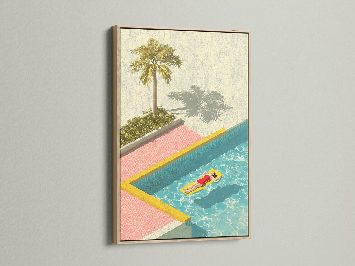 Retro poolside illustration with a tall palm tree, turquoise water, pink tiles, and a person relaxing on a float detail view