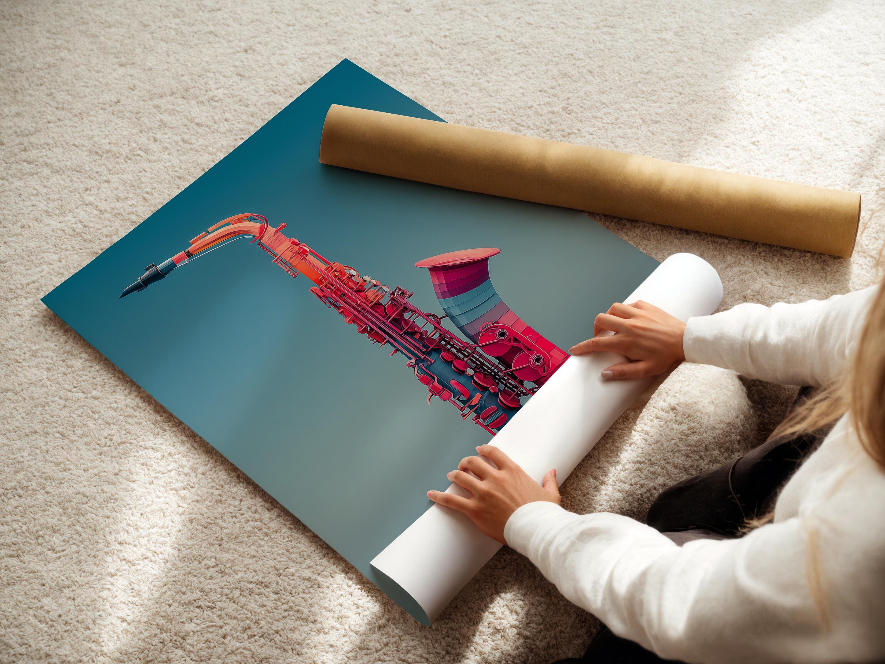 Stylised saxophone illustration in red on a teal-blue background detail view
