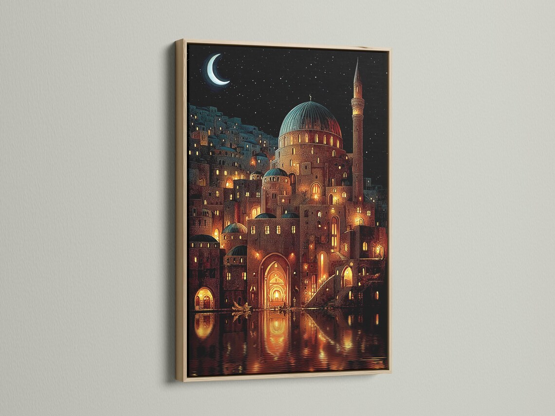 Night scene illustration of a mosque with glowing windows, crescent moon, stars and water reflections detail view