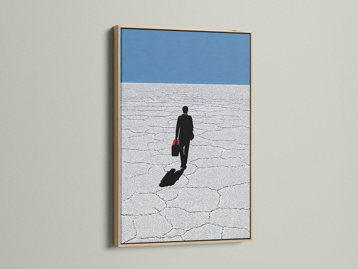Man silhouette in a suit walking across a blue and white dotted background with a red bag accent detail view