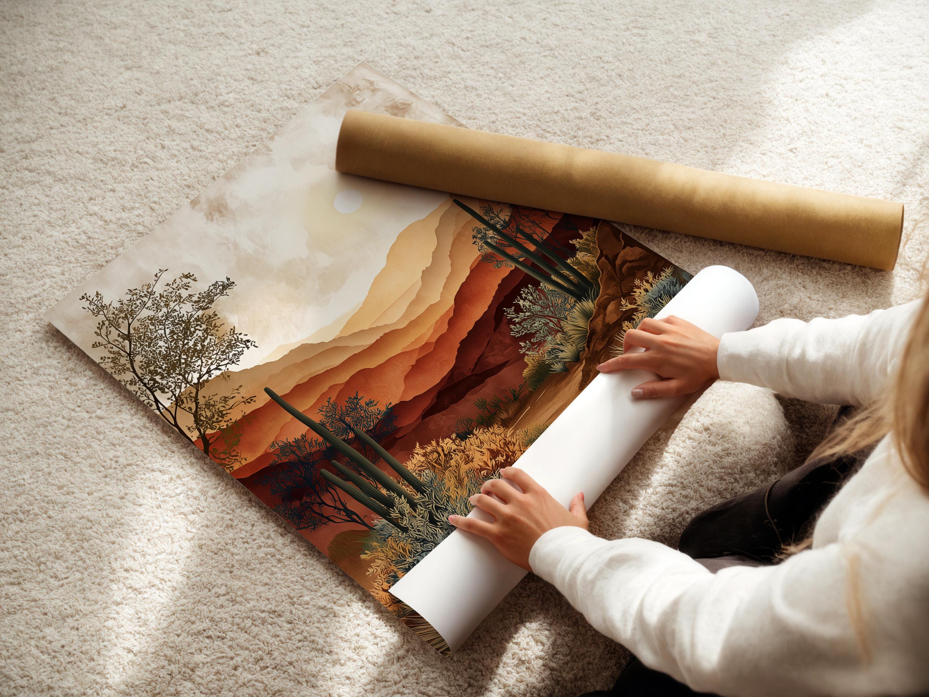 Warm desert landscape artwork with layered mountains, pale sun, and cactus-like plants detail view