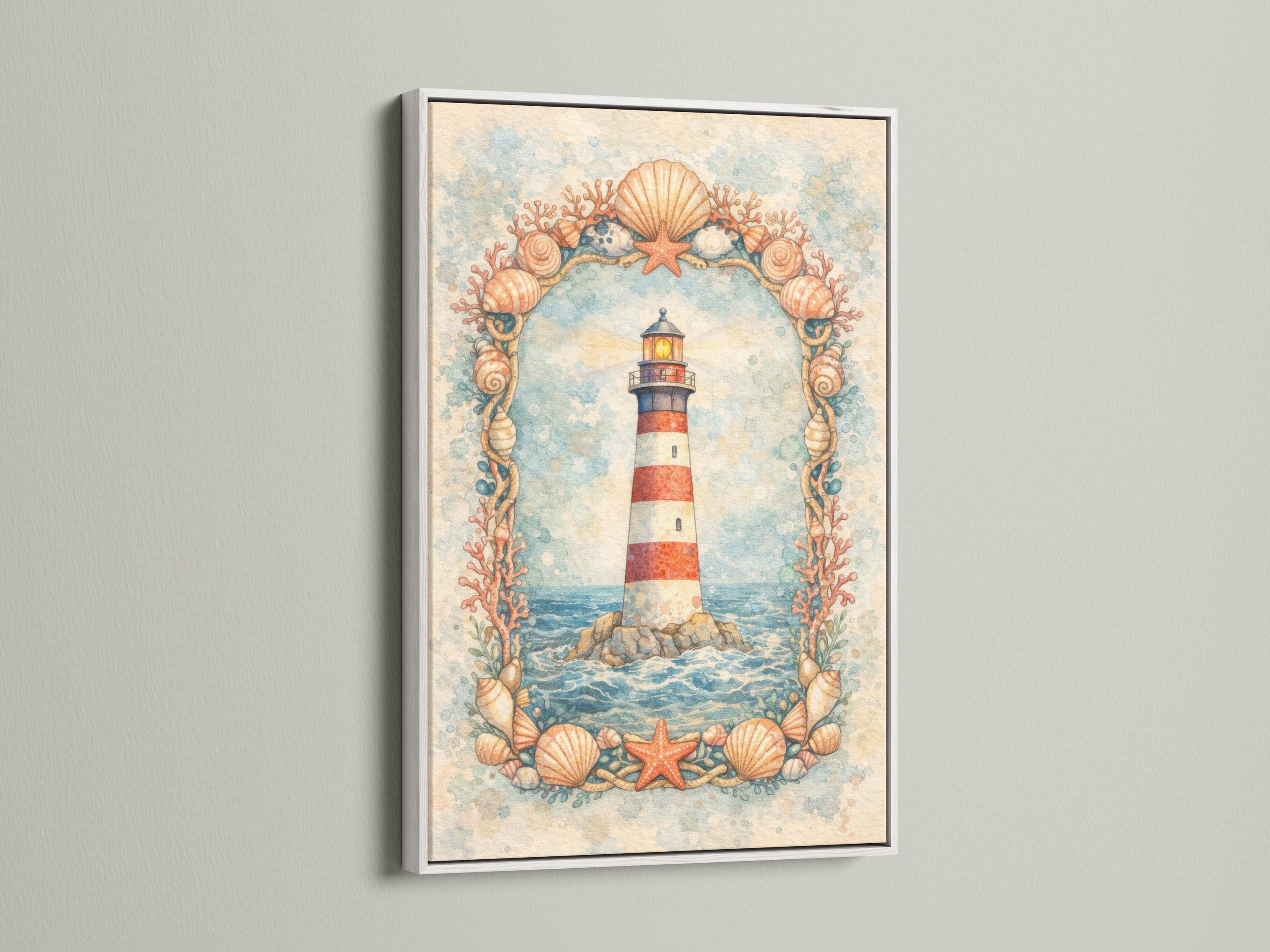 Coastal lighthouse illustration with seashells, starfish and coral-like branches framing the scene detail view