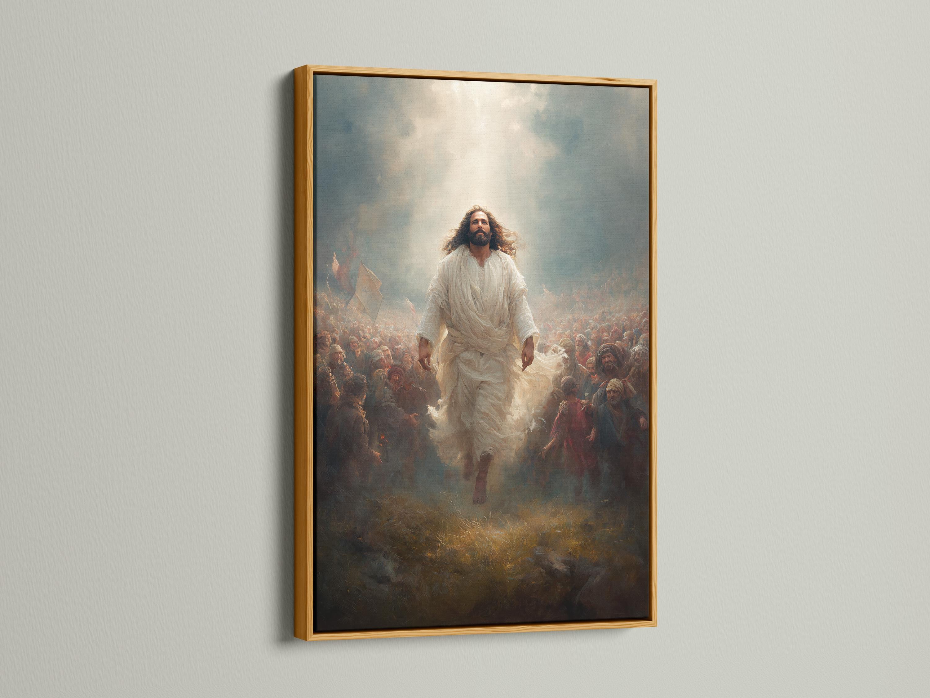 Painted religious scene with a central robed figure walking through a crowd amid haze and flags detail view