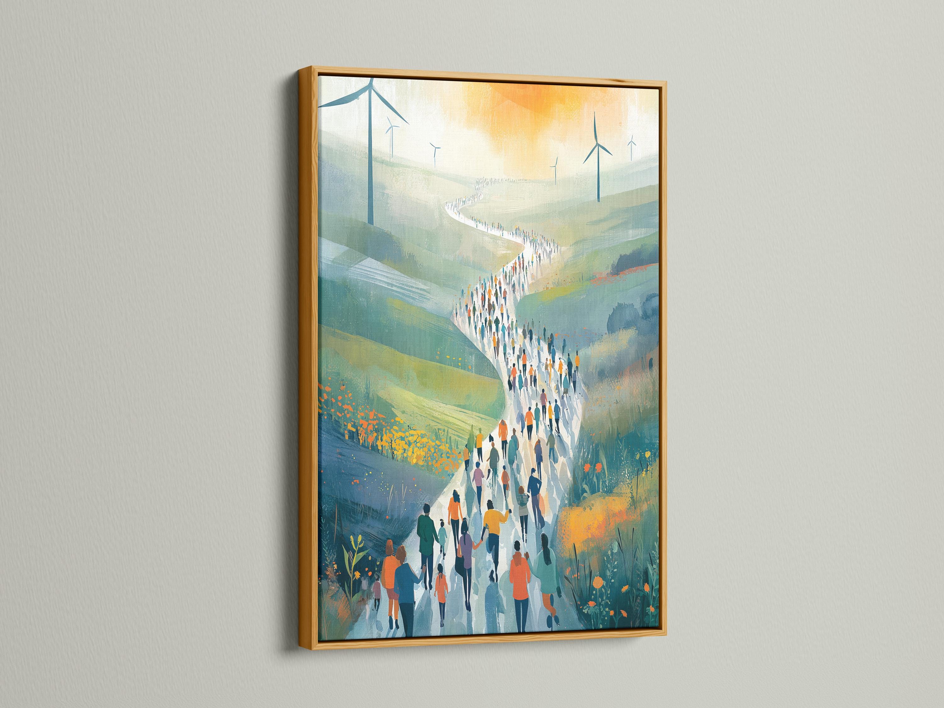 Wind turbine landscape with a walking crowd along a winding path through blue-green hills detail view