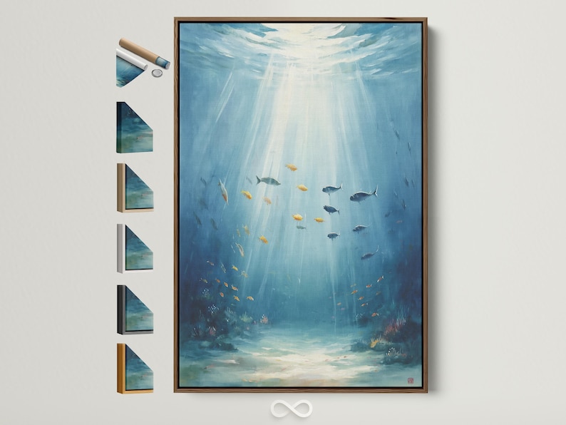 Underwater fish scene in blue and aqua with light rays and seabed plants