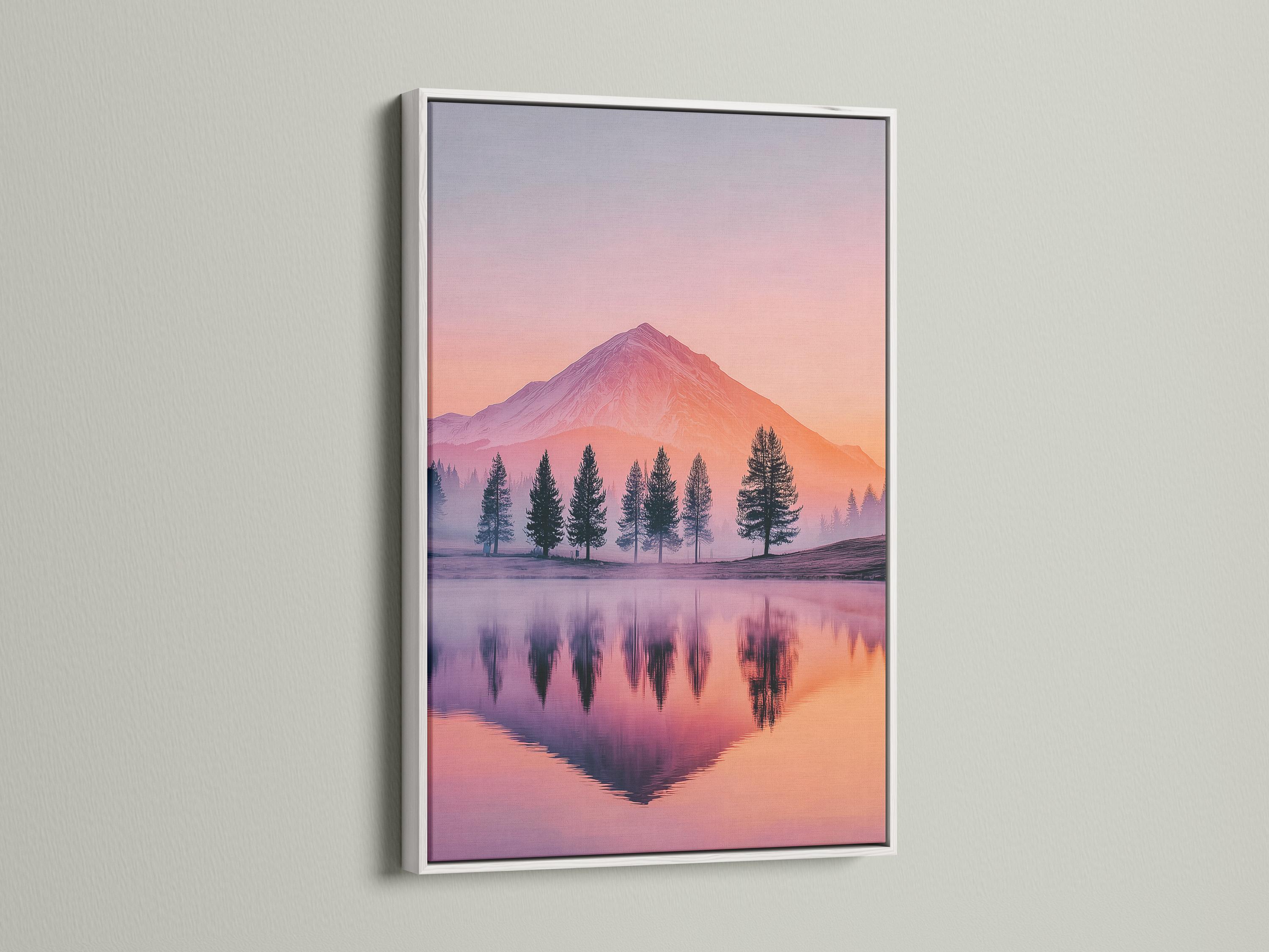 A pastel mountain landscape at sunset shows a pink-orange sky, a prominent mountain, silhouetted evergreen trees, and a calm mirrored lake reflection