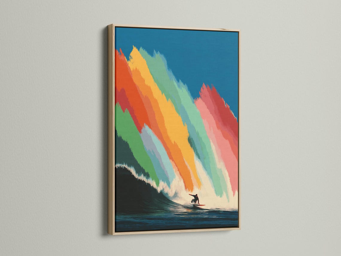 Rainbow-striped ocean wave with a surfer silhouette riding near the bottom right detail view