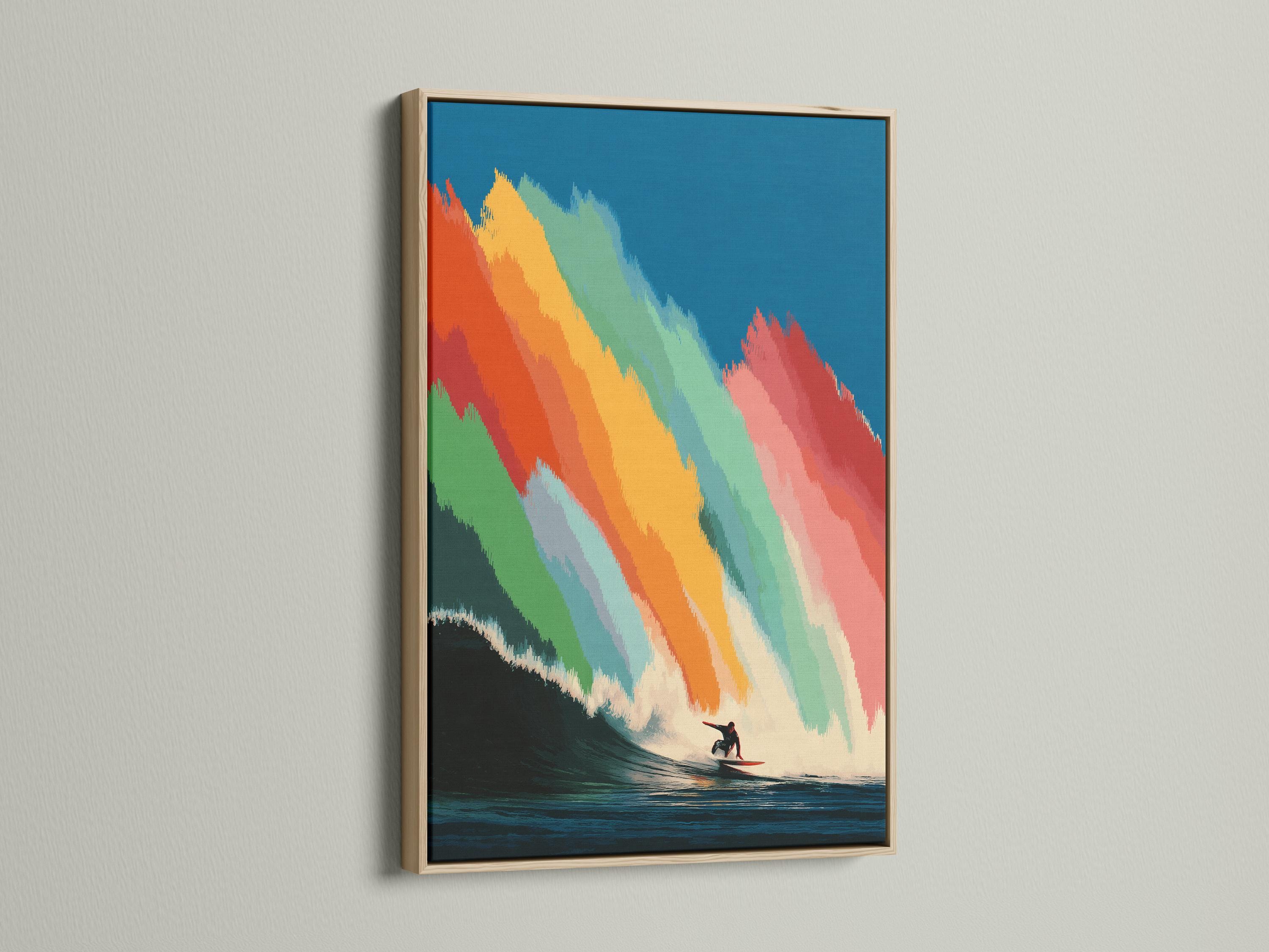 Rainbow-striped ocean wave with a surfer silhouette riding near the bottom right detail view