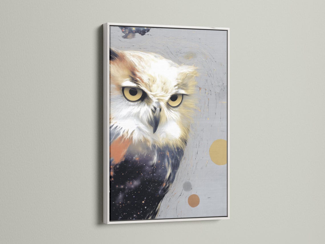 Stylised owl portrait with grey feathers, warm gold eyes, and speckled star-like background detail view