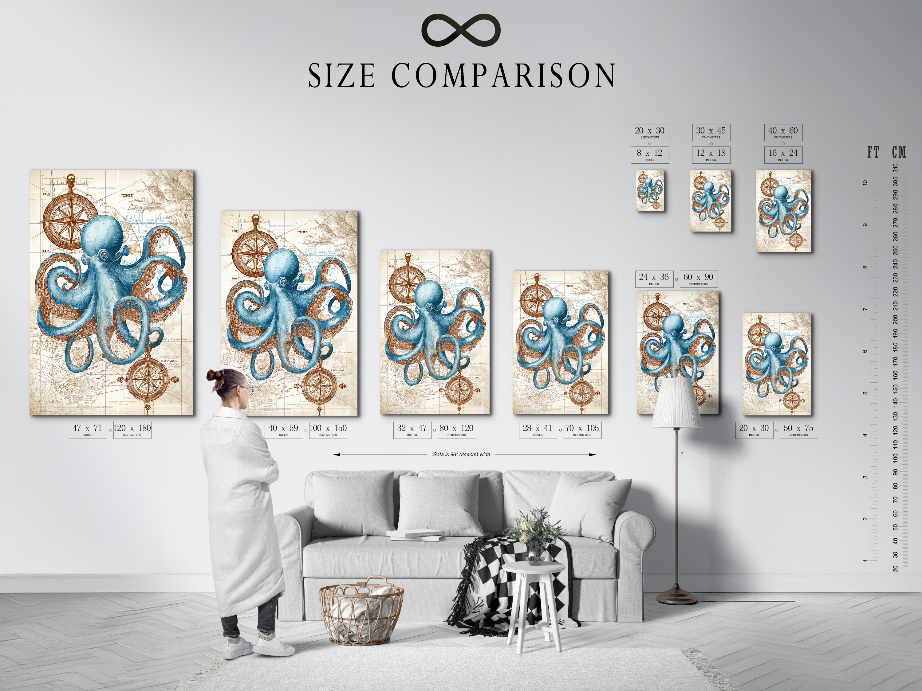 Blue octopus with curled tentacles over an antique map with compass rose motifs detail view