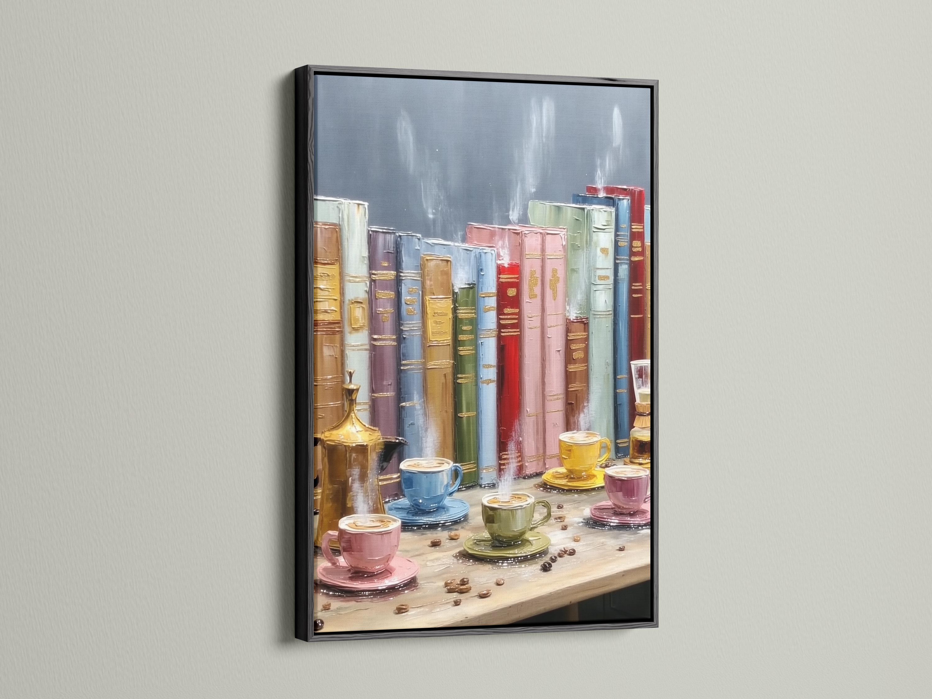 Painterly still life of stacked books and coffee cups with a teapot detail view