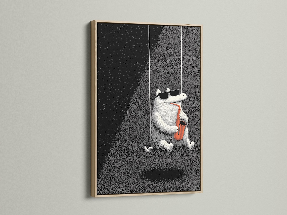 Black and white illustration of a cat holding and playing a saxophone with orange accents detail view