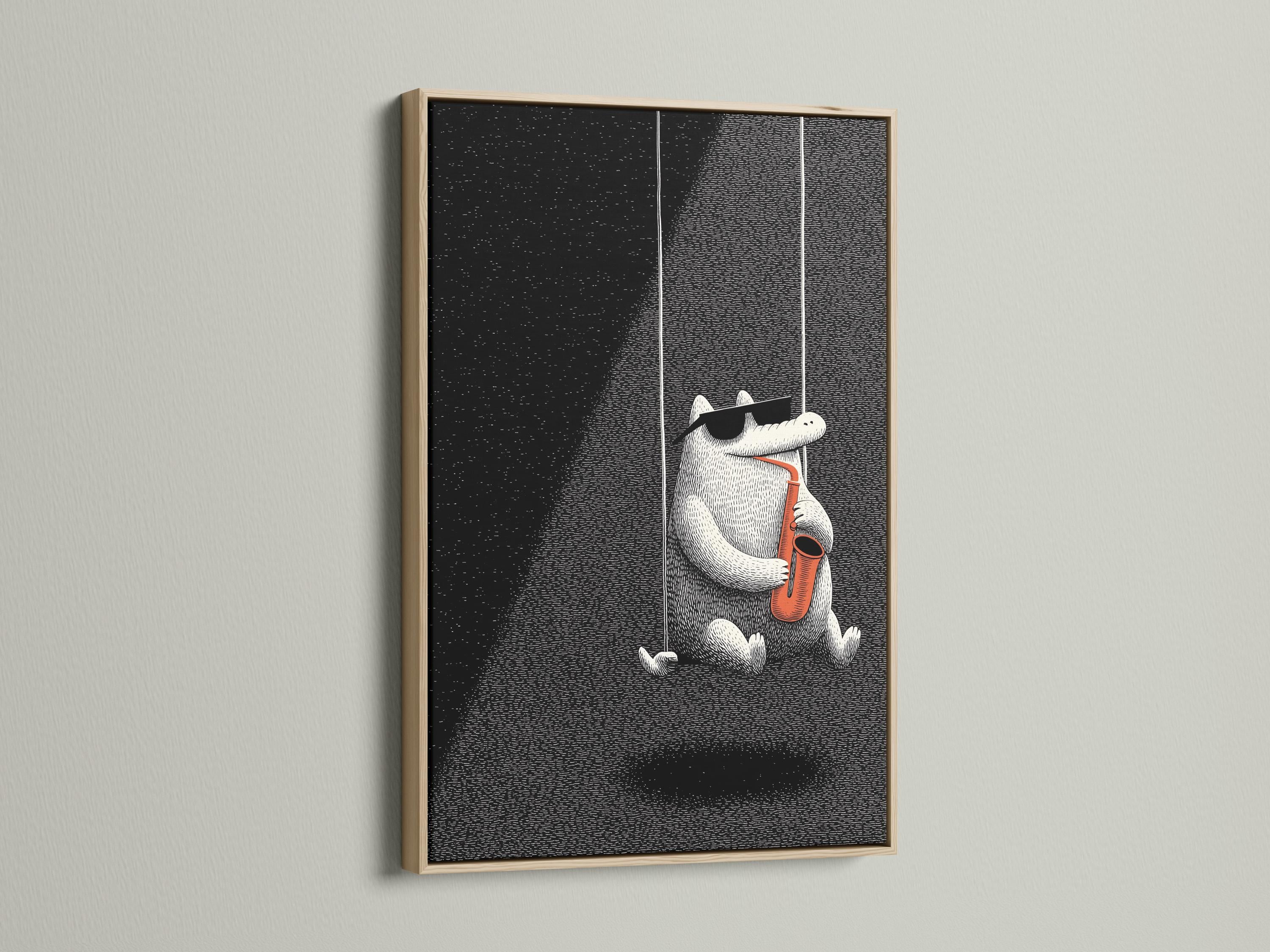 Black and white illustration of a cat holding and playing a saxophone with orange accents detail view
