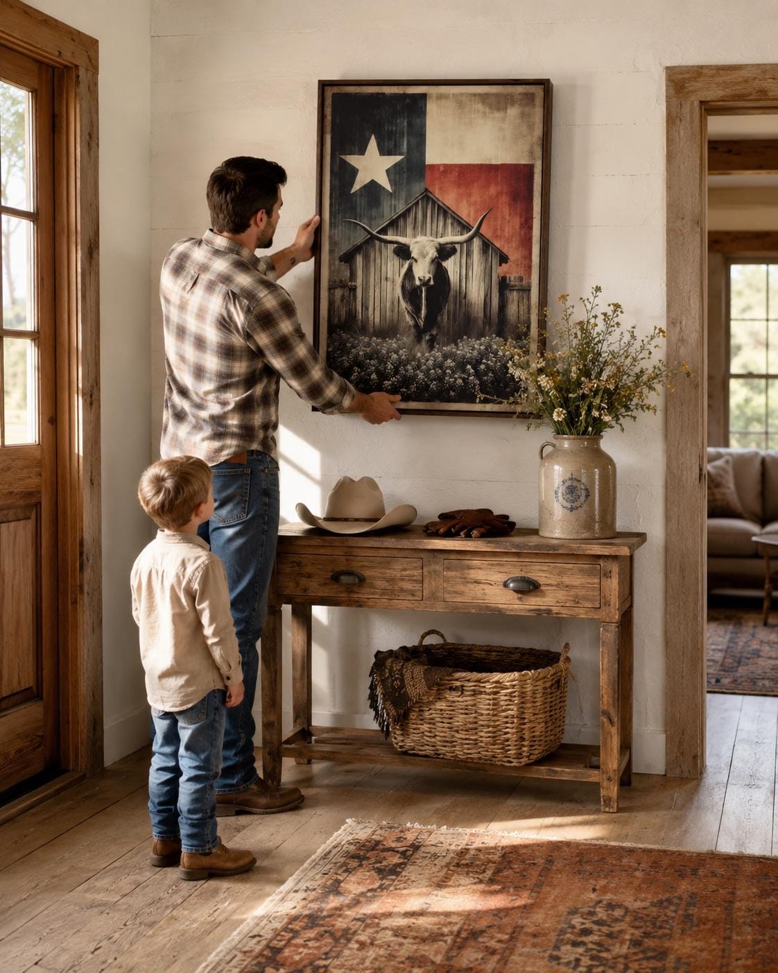 Longhorn steer illustration beneath a barn silhouette and a five-point star on a distressed sepia and charcoal background detail view