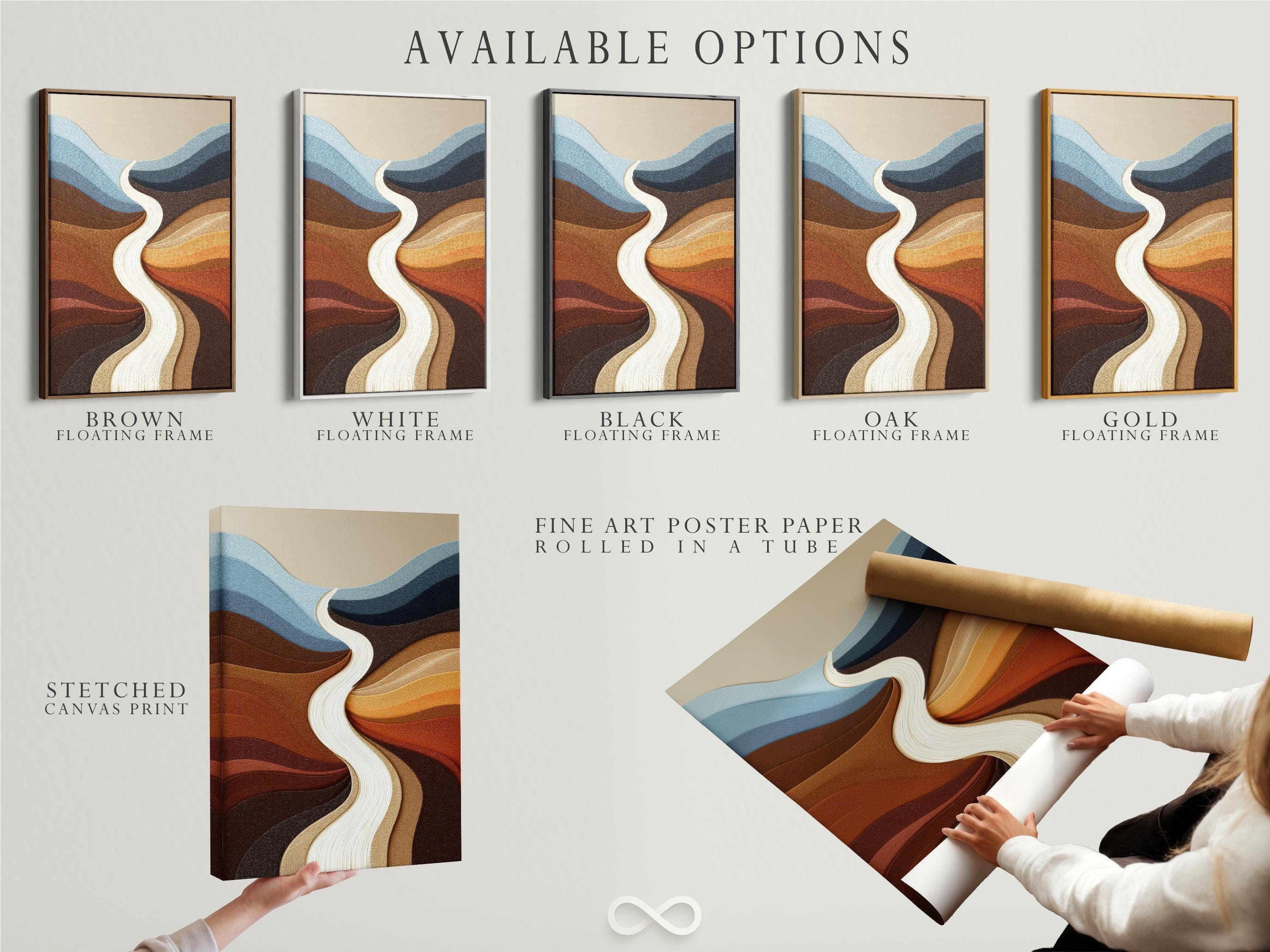 Abstract river-like flow with cream ribbon, blue-grey bands and warm brown terracotta curves detail view