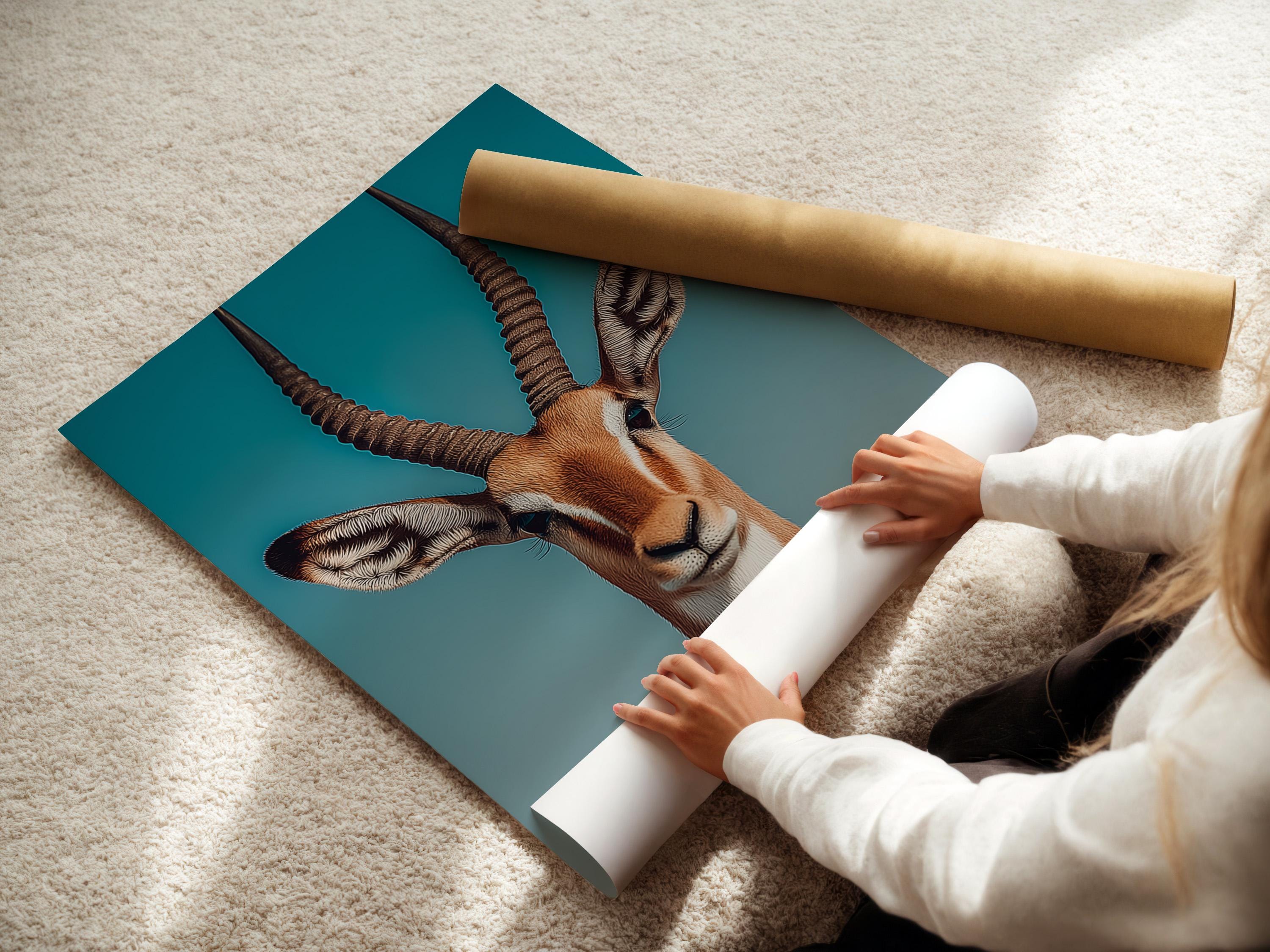 Teal gazelle artwork shown in a framed wall display mockup