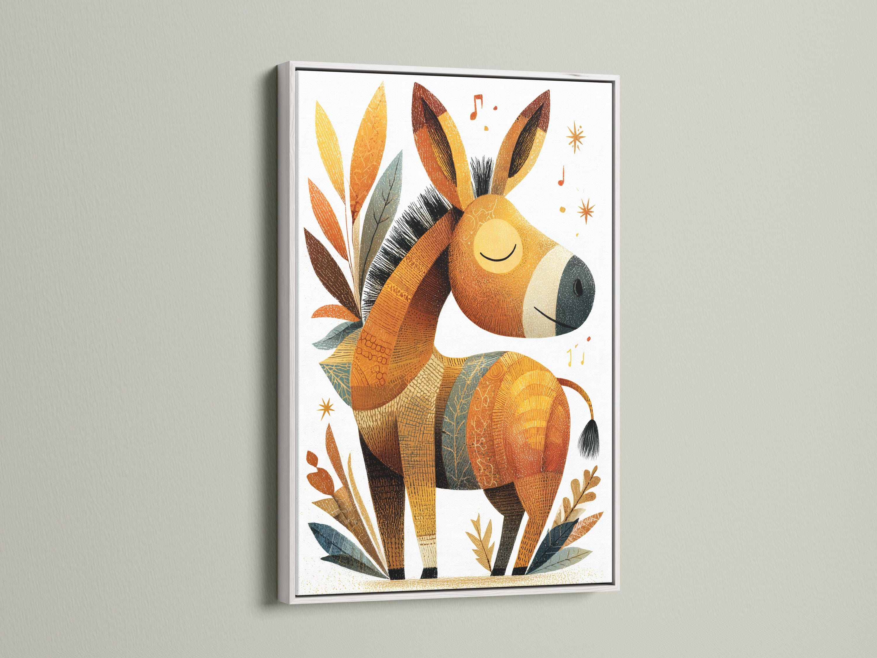 Boho donkey illustration with warm beige and brown tones, leafy accents, sparkles and music notes on a light background detail view