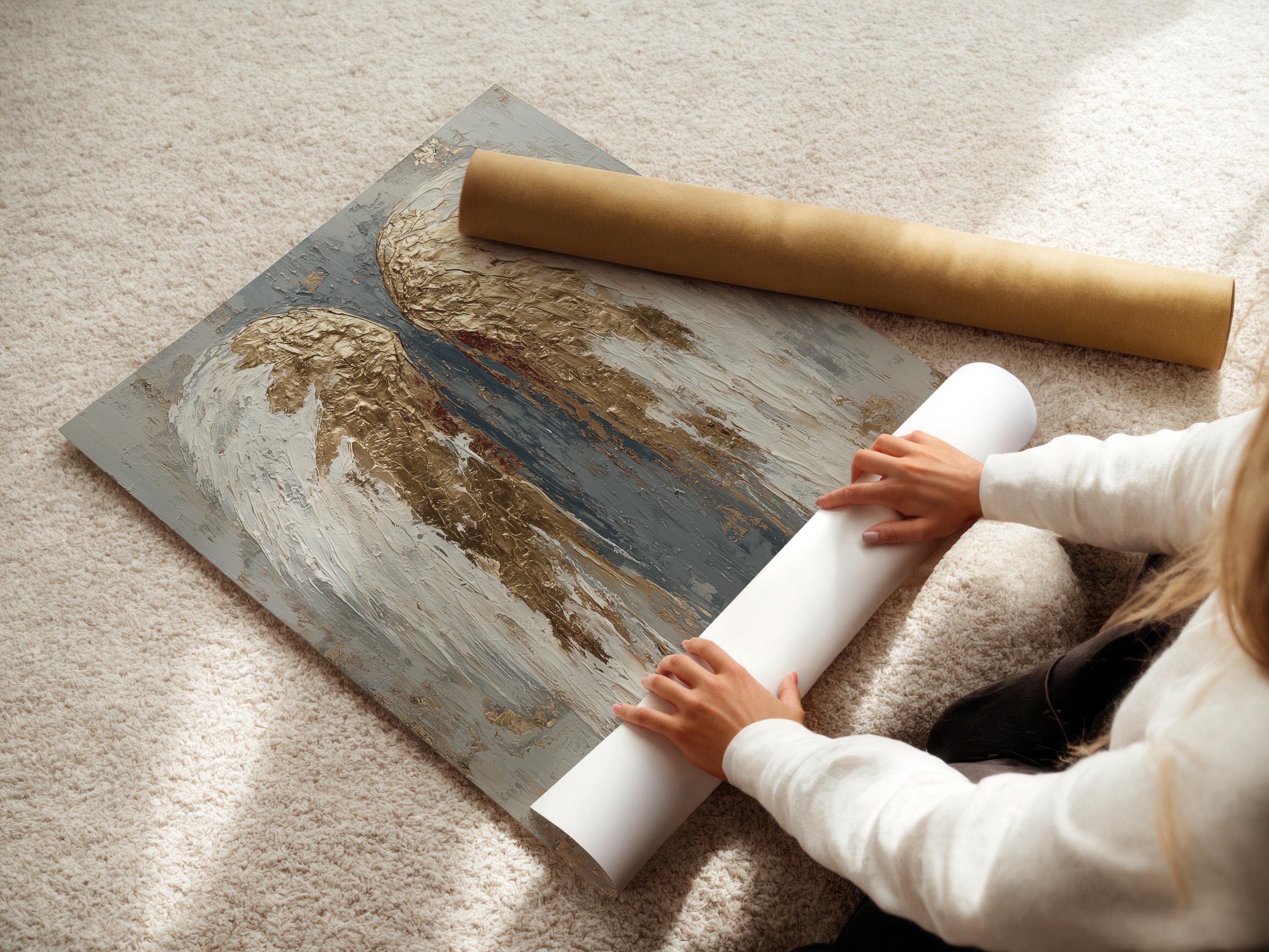 An angel-wing motif is shown symmetrically in layered white, grey and gold leaf-like tones, set against a textured neutral background detail view