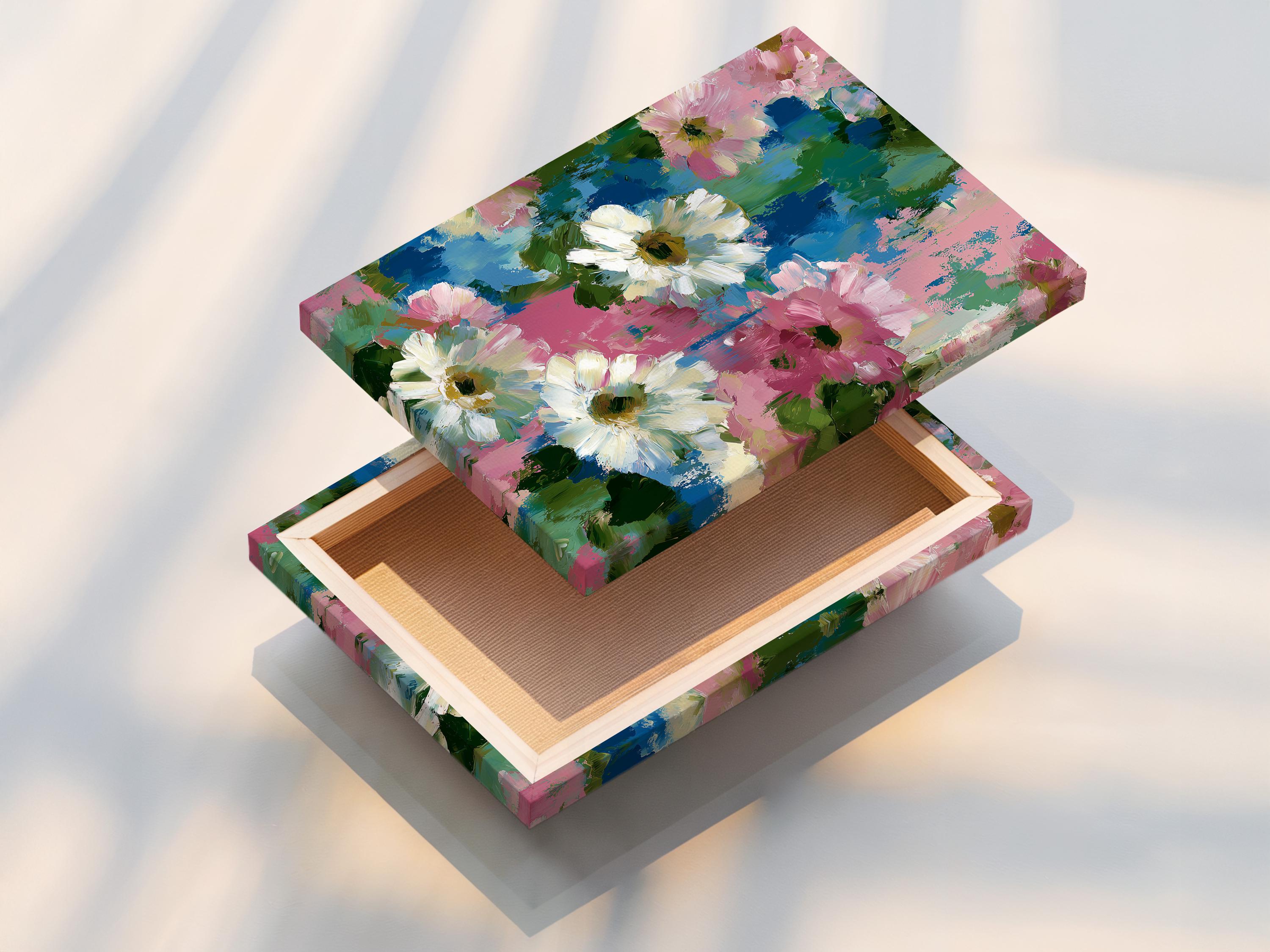 Room mockup showing a framed floral artwork with pink, white, teal and green brush textures