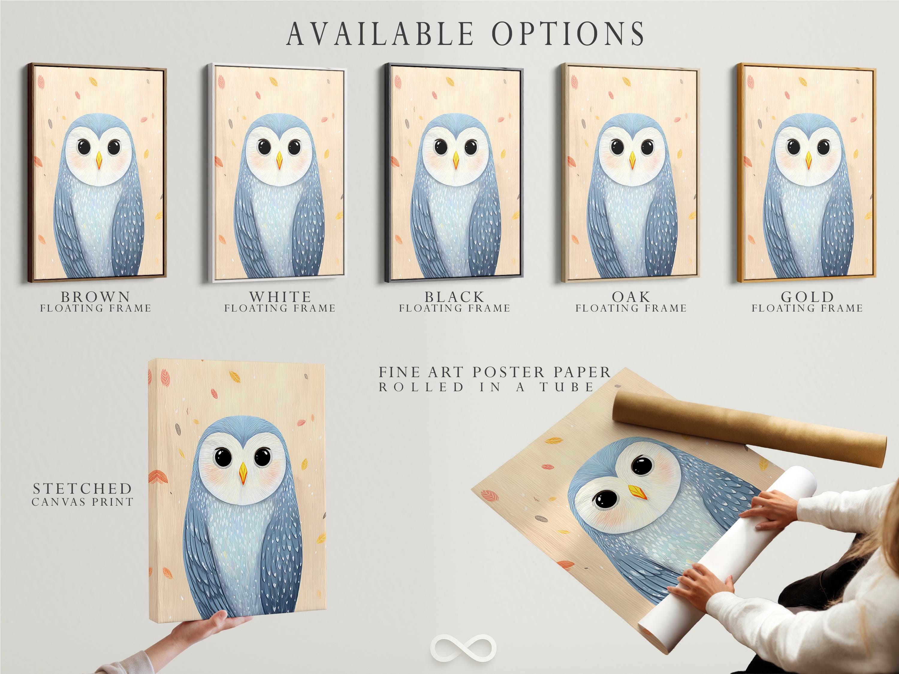 Illustrated owl portrait with big dark eyes, soft blue feathers and scattered pastel leaves on cream background detail view