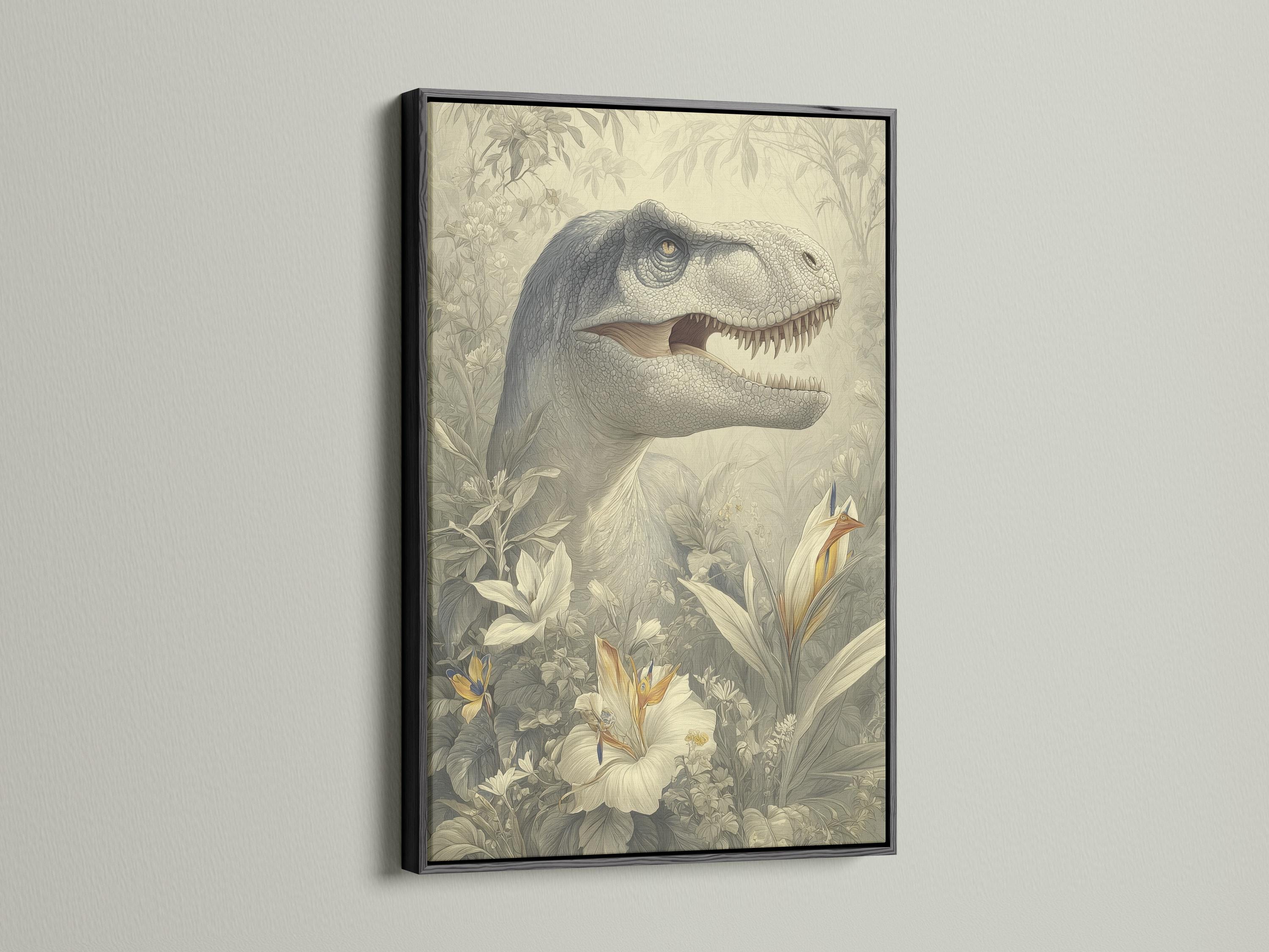 Woman standing in a room next to a framed dinosaur and botanical illustration on the wall